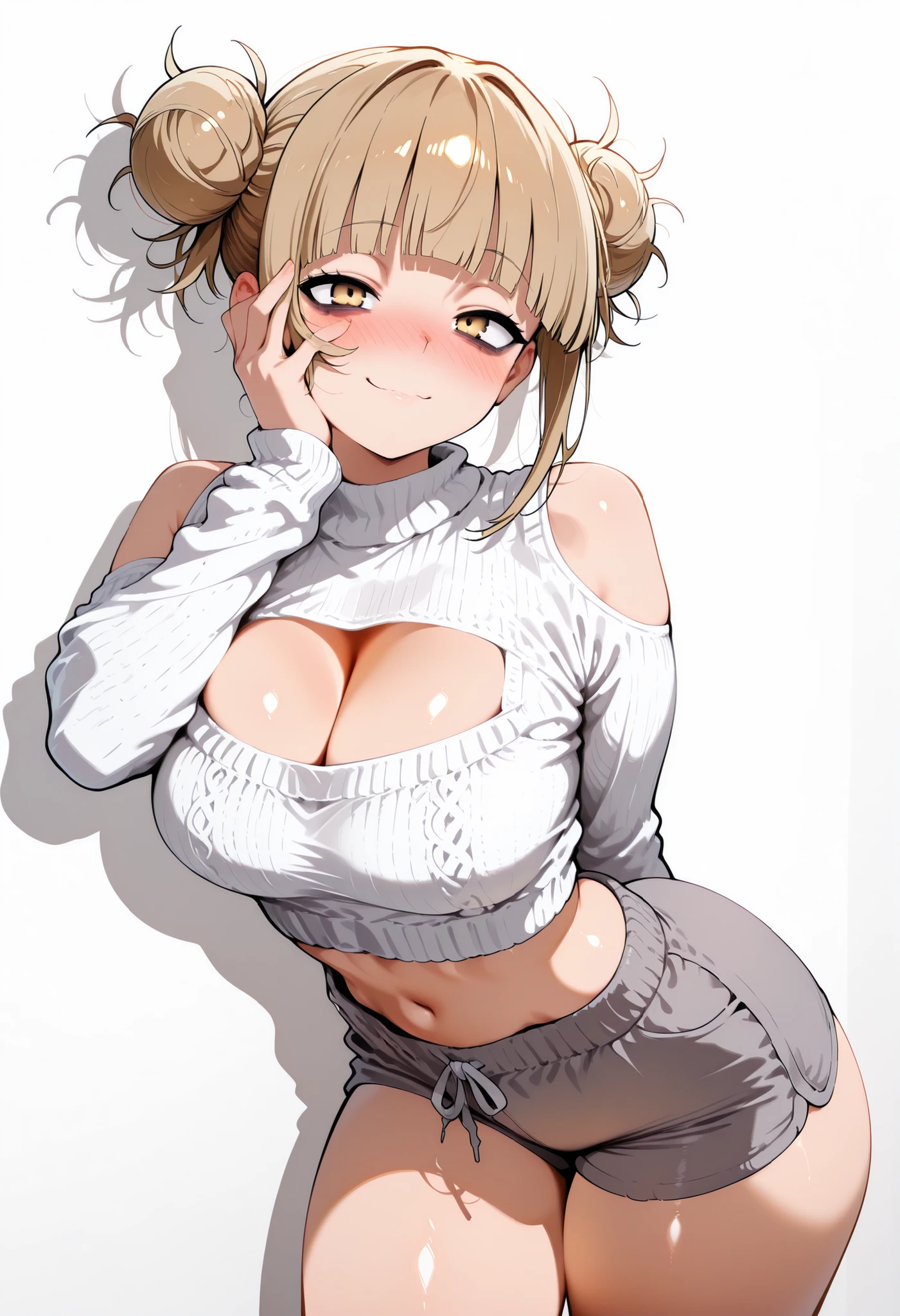 score_9, score_8_up, score_7_up, score_6_up, score_5_up, score_4_up, masterpiece, high quality, BREAK, 1girl, 1girl,, bags under eyes, standing, nice legs, looking at viewer, nose blush, shiny legs, shiny body, shiny hair, clear skin, clear body,, solo, thick thigh, thick thighs, solo, female, large breasts, toga himoko, blonde hair, yellow eyes, blunt bangs, double bun,., shiny skin, shiny hair, shiny body, clear body, white background, empty background, ,, , DYNAMIC POSE , white background, empty background, BAGS UNDER EYES, LARGE BREASTS,, STANDIN UPRIGHT, COWBOY SHOT, POSING, cleavage, CLEAVAGE,, POSING,, STANDING,navel ,midriff,,, LOOKING AT VIEWER, WHITE BACKGROUND, EMPTY BACKGROUND, soft smile,, DYNAMIC POSE,, big ass, one hand behind on her, one hand on face, BIG ASS, white sweater, grey shorts, shoulder cutouts