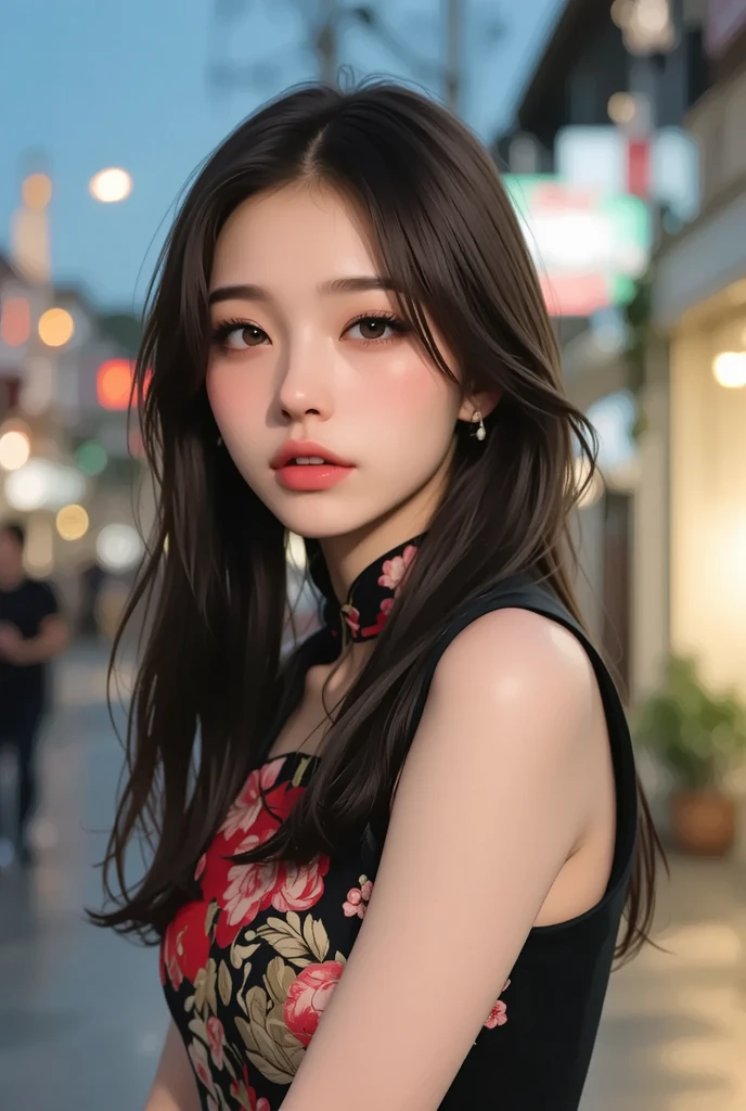 (((best quality))),(((ultra detailed))),(((masterpiece))),illustration,1girl,slim,sun-kissed skin,vibrant rose-pink cotton dress,short ponytail,flat ,pantyhose,bustling city streets, honking cars,surrounded by crowded crowds, colorful advertisements, street food vendor, grilled skewers, spicy sauce, enjoying sights and sounds,(darkened black skin:1.5),upper body