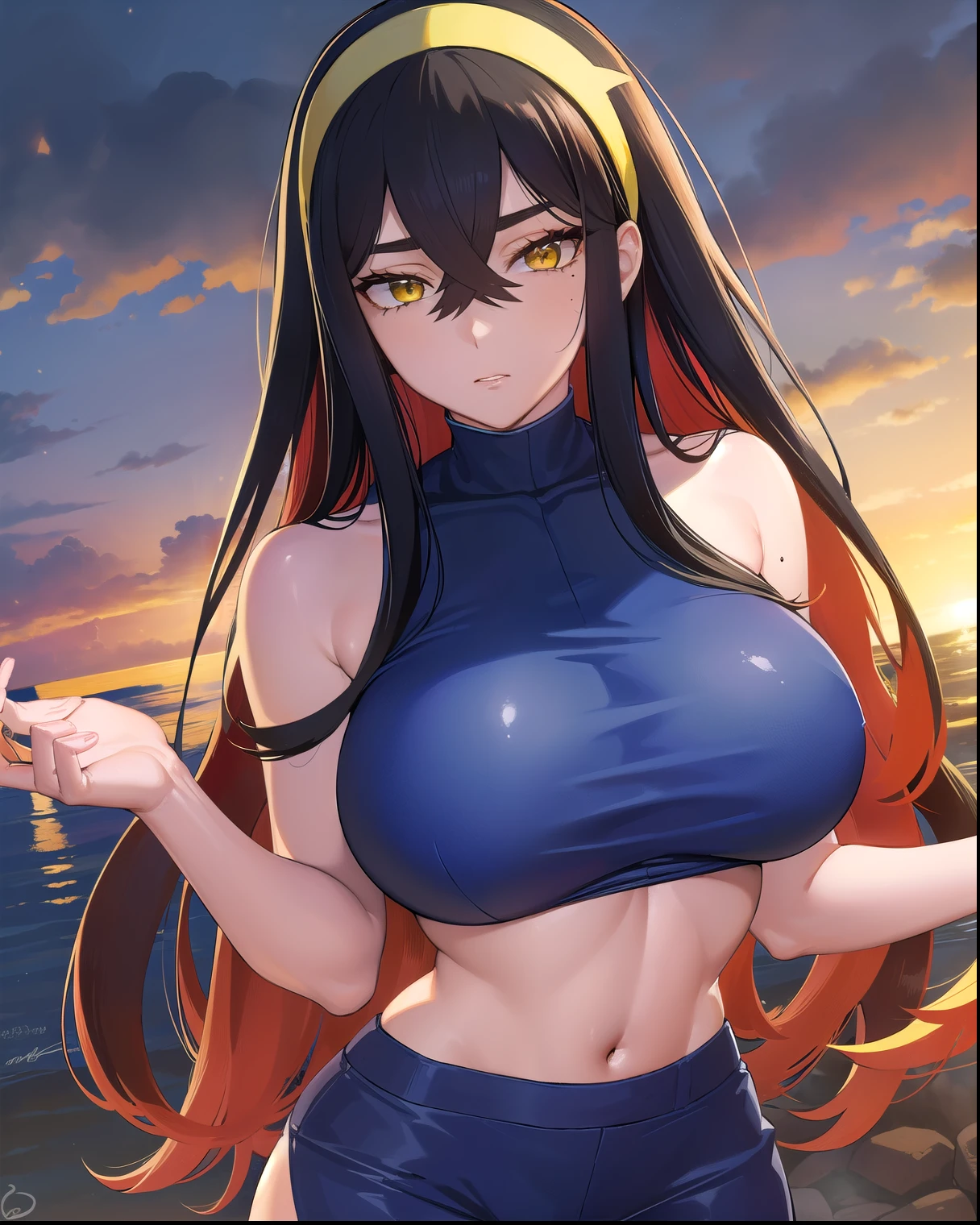 pokemoncarmine, 
pokemoncarmine, black hair, colored inner hair, Cross Bangs, hair between eyes, headband, long hair,  mole,  mole under eye, multicolored hair, red hair, side head, Two-tone hair, (yellow eyes:1.5), yellow headband,
휴식 looking at viewer, upper body, full body, (cowboy shot:1.5),
Relaxation outdoors, bigboobs, , dynamic pose
휴식  (Masterpiece:1.2), best quality, high resolution, Unity 8k Wallpaper, (illustration:0.8), (beautiful detailed eyes:1.6), extremely detailed face, perfect lighting, extremely detailed CG, (perfect hands, perfect ), 