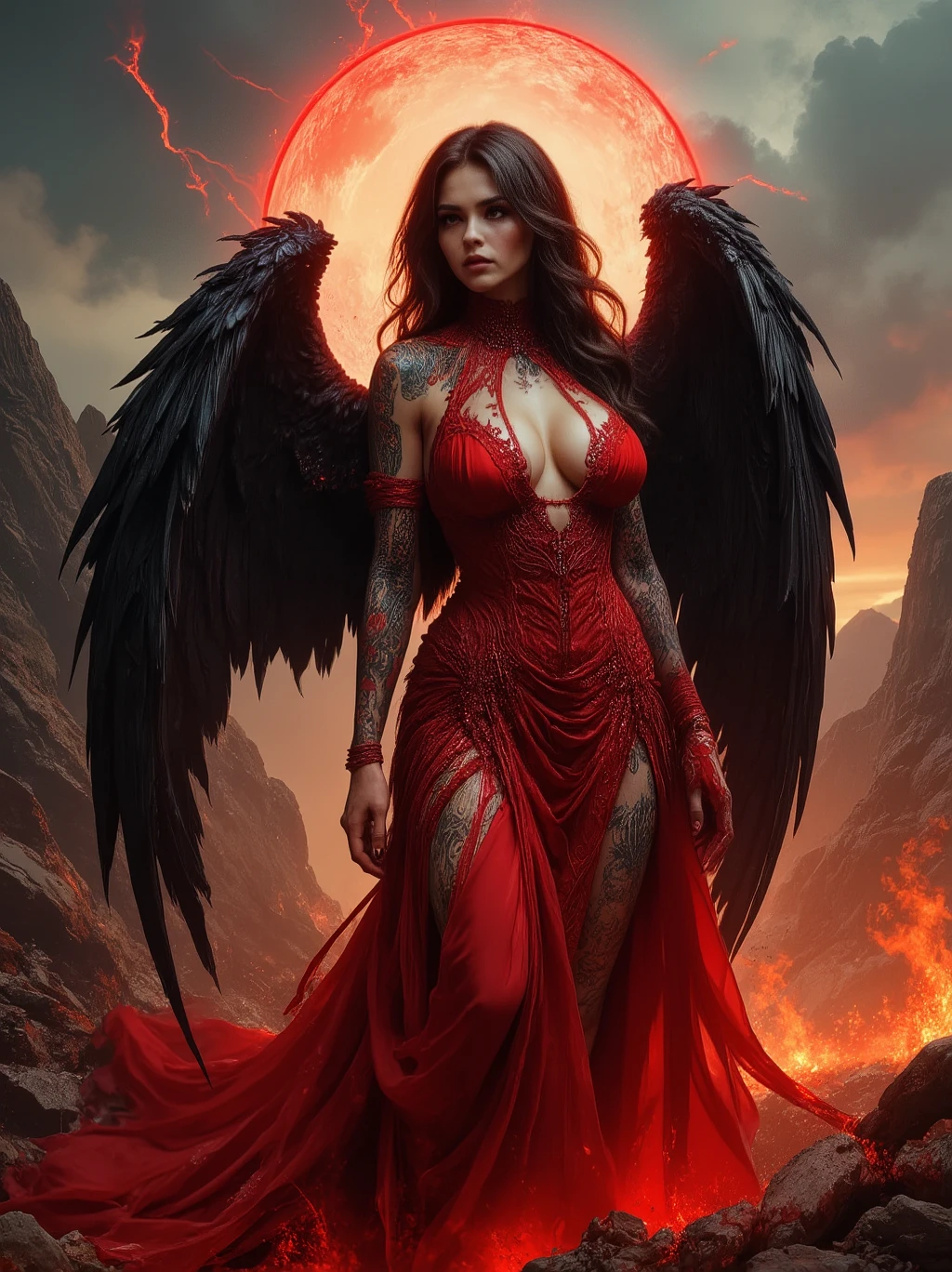 Detailed proportions and textures and multi-color with in the style if dmai that presents a semi-realistic illustration a ornate hyper real of horrific disaster modern gothic style of a otherworldly female fatale with striking, large wings. The wings are predominantly black with vibrant red accents, creating a dramatic contrast. The figure stands in a powerful pose, wearing an erotic flowing red gown with intricate designs that enhances her beauty snd shows ample cleavage from her 34 dd breasts. Her skin is pale, and she has long, dark hair cascading down her shoulders. A glowing red halo hovers above her head, adding a mystical element. Redblack energies swirl and crackle around her as if alive and resembBle flames. The background is a moody, Eldritch cloudy sky with hints of alien mountains in the distance, enhancing the ethereal and otherworldly atmosphere of the scene. The Red Angel of slaughter is slatong her bloodlust and her perfect form is killing everybody, tattoos that made her look like she has phoenix feathers cover her body, s. very balanced saturation in the color palettes very defined (Color with monochorome intense shaded tones and shine, tone red 25% + yellow 25% + blue 25% + biofluorescent 12.5%+ transparency 12.5%. Aesthetic fusion by (Fibonacci ratio. A poupée realiste of a sucubo. female (Including a variety of pink skin and beige-dark tones that give it contrast and shine) character type. Fluid texture of fine, thin fabric that molds to your body . Haute couture photoshoot (in high quality of full body). Sharp Highly DetailedAlberto Vargas, Greg Rutkowsk art style fusion.