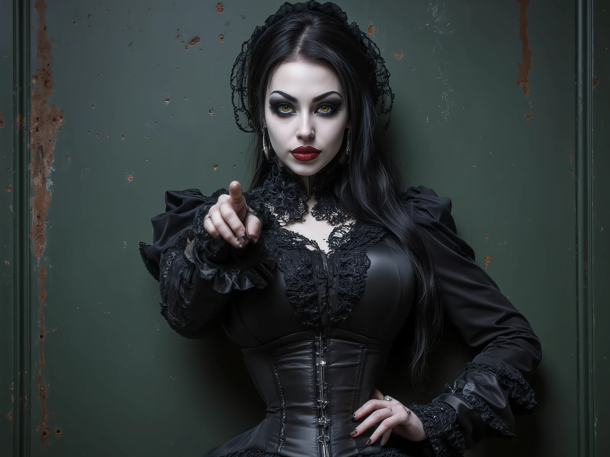 Masterpiece, best quality, extremely Beautiful face, glossy bold lips, black smoky eyeshadow, heavy eyelashes, A gothic portrait photograph of a young woman in a Victorian-style black dress against a dark green textured background. The dress features a corseted bodice with lace trim, ruffled layers, and dramatic bell sleeves. The subject has long black hair styled in a gothic updo with loose strands framing the face, dramatic black eye makeup, and deep red lipstick, glowing red-yellow eyes, She is pointing directly at the camera with her right hand, creating a powerful and commanding pose. The lighting is moody and dramatic, creating shadows that emphasize the gothic aesthetic. The background has a weathered, vintage texture with subtle rust-colored accents. The photograph has a professional studio quality with sharp focus on the subject and a deliberately blurred background. The color palette consists primarily of deep blacks, rich teals, and dark reds, creating a cohesive gothic atmosphere.