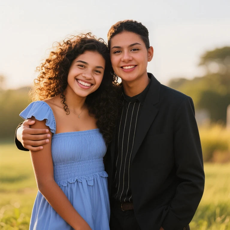 Girl with curly brown hair smiling at boy with straight black hair