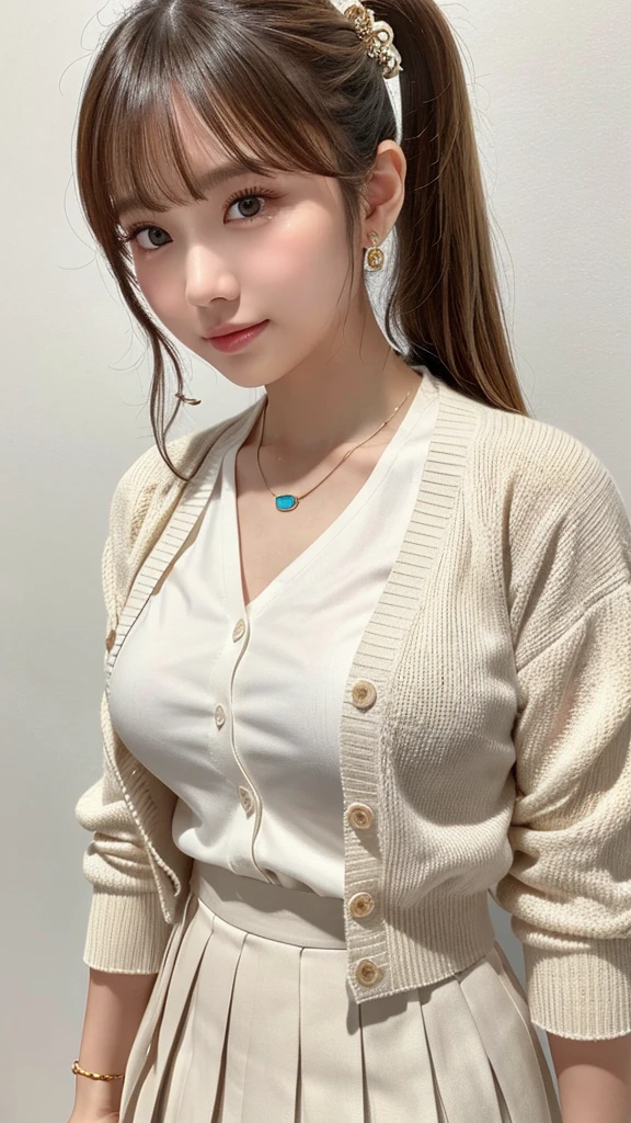 masterpiece, best quality, 4K, ultra-detailed, photorealistic, (1 girl), ((arms at sides)), (full body), (A fascinating eye for perfect detail:1.2), (smile), ((center parted hair)), (medium brown hair), (small ), ((black sailor shirt)), ((denim shorts)), ((black belt with gold buckle)), (standing), (front view)