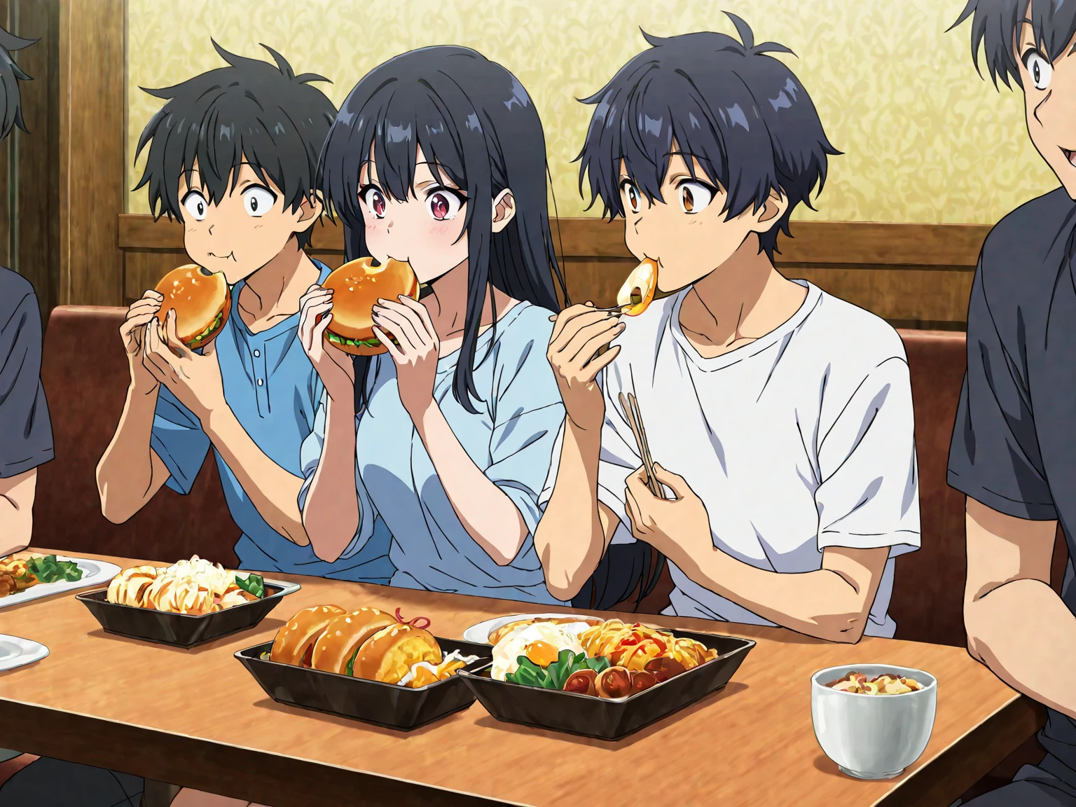 Big family eating pizza 、Short black hair、Light blue shirt dress、barefoot、Coffee with lots of ice