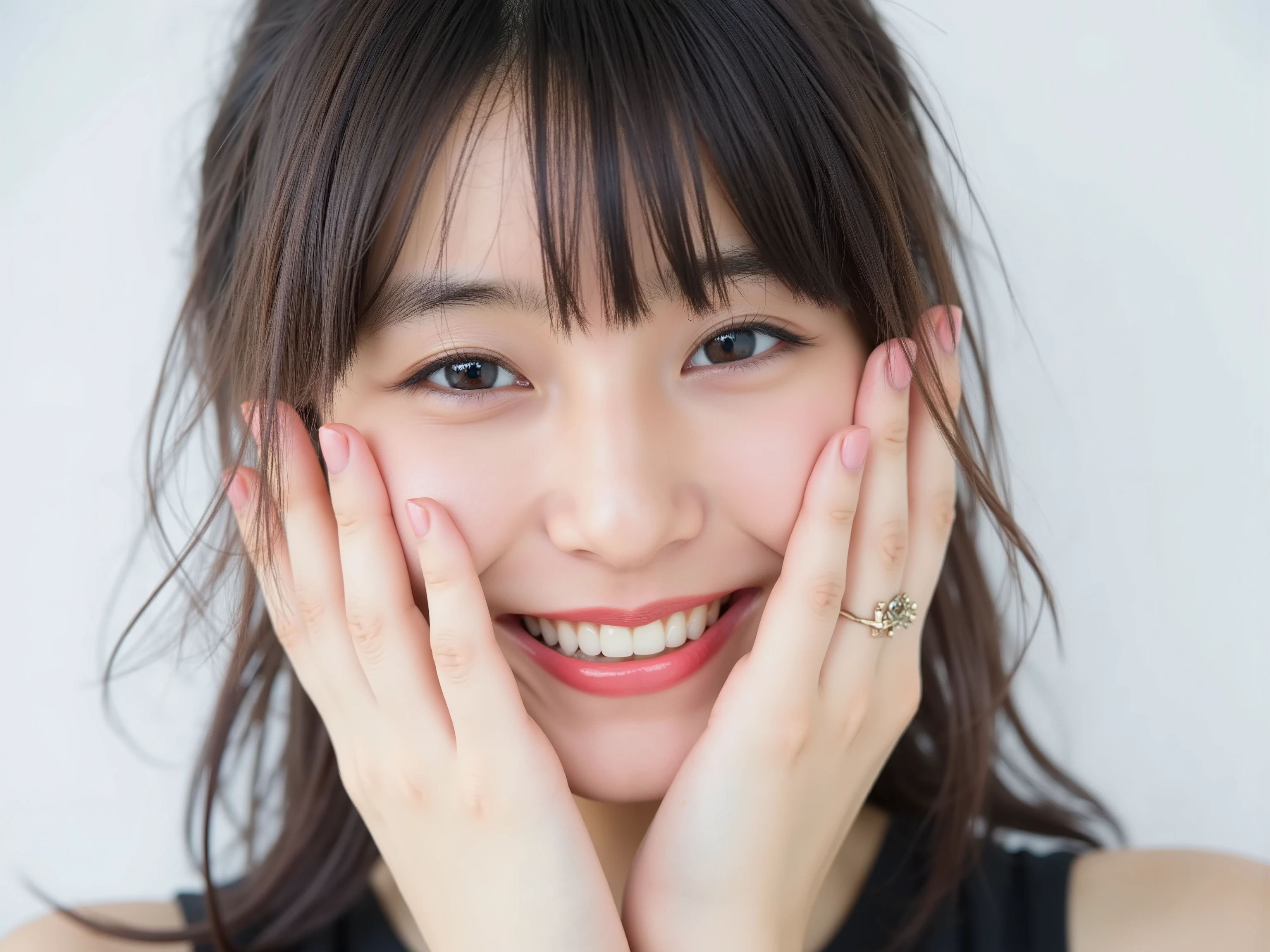 (Refined from an old photo, recreated in a modern, ultra high-quality photorealistic style, with a trendy Reiwa-era hairstyle: soft semi-long hair with natural waves and airy see-through bangs), 
Ultra photorealistic close-up portrait of a beautiful Japanese woman, 
upper-body shot, wearing a black outfit (completely out of frame, not visible), 
shoulders and collarbone softly exposed, 
both hands pressing her cheeks in a shy, lovestruck pose, 
sparkling eyes gazing dreamily at the viewer with overwhelming affection, 
cheeks blushing deeply with a sweet reddish glow, 
soft glossy lips curved into a bright, full, lovestruck smile, 
expression melting with love, playful, dreamy, adorably bashful, 
purely cute and lovestruck, overflowing with affection and warmth, 
realistic skin with detailed pores, subtle freckles, natural uneven tones, 
tiny imperfections for realism, soft peach fuzz visible, 
hair rendered with individual strands, slightly messy flow, natural matte shine, 
soft diffused cinematic lighting, natural depth, 
background pure white with gentle blur, 
(masterpiece, best quality, high resolution, intimate romantic close-up, cinematic magazine cover style)