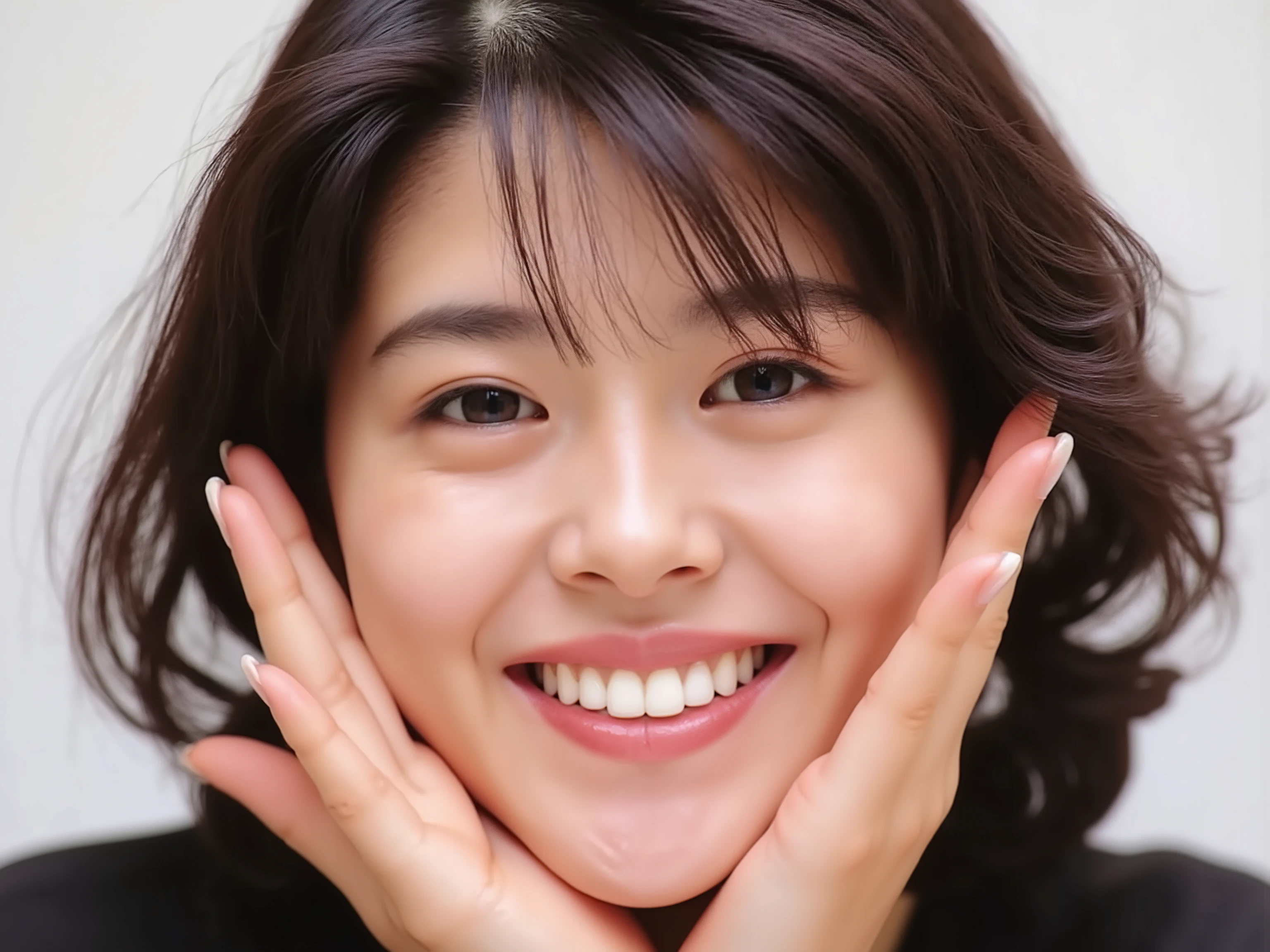 (Refined from an old photo, recreated in a modern, ultra high-quality photorealistic style, with a trendy Reiwa-era hairstyle: soft semi-long hair with natural waves and airy see-through bangs),
Ultra photorealistic close-up portrait of a beautiful Japanese woman,
upper-body shot, wearing a black outfit (completely out of frame, not visible),
shoulders and collarbone softly exposed,
both hands pressing her cheeks in a shy, lovestruck pose,
sparkling eyes gazing dreamily at the viewer with overwhelming affection,
cheeks blushing deeply with a sweet reddish glow,
soft glossy lips curved into a bright, full, lovestruck smile,
expression melting with love, playful, dreamy, adorably bashful,
purely cute and lovestruck, overflowing with affection and warmth,
realistic skin with detailed pores, subtle freckles, natural uneven tones,
tiny imperfections for realism, soft peach fuzz visible,
hair rendered with individual strands, slightly messy flow, natural matte shine,
soft diffused cinematic lighting, natural depth,
background pure white with gentle blur,
(masterpiece, best quality, high resolution, intimate romantic close-up, cinematic magazine cover style)