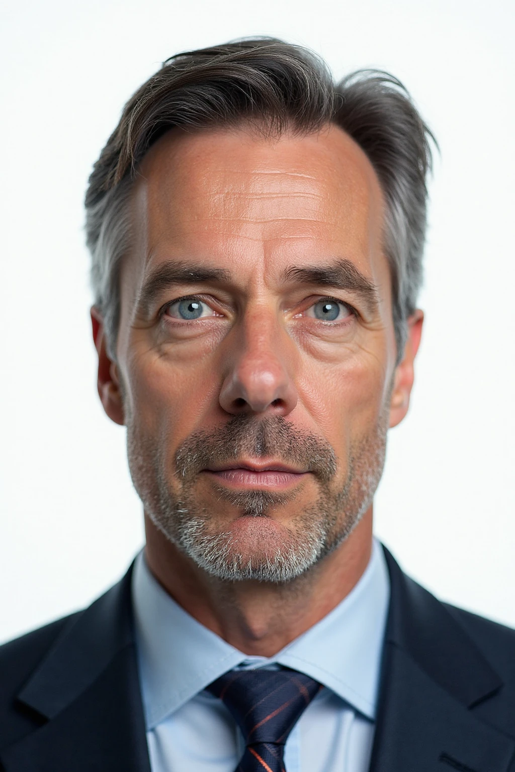 Generate a passport photo of a man aged 41 with blue eyes on a white background, sitting directly in front of the camera, American nationality, without a smile.