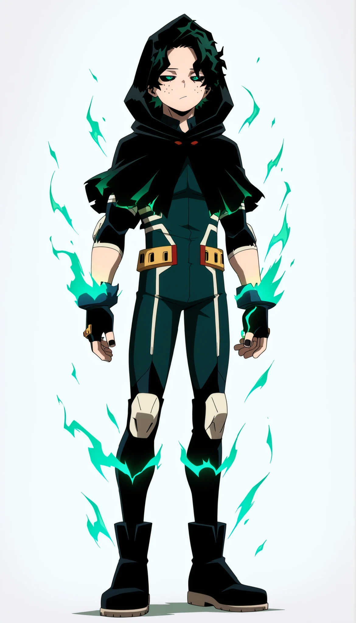 ((Highest Quality)), ((Simple Light Grey Background)), (My Hero Academia Style), standing, 1boy, Male, teenage Male, solo, slim body, slender body, tall body, standing, Full Body, Very Pale skin, very pale-skinned, very pale-skinned male, dark Green hair, Short hair, Curly Hair, Wavy hair, smug, droopy eyes, green eyes, no bangs, without bangs, hair behind ears, bare forehead, freckles, Green bodysuit, full body bodysuit, Black ankle boots, black gloves, black Knee pads, black elbow pads, black capelet, cropped capelet, high-collared capelet, Green aura effect, Green aura, green effect, aura effect, long hood, hood up, black hood, fingerless gloves, black sclera, black nail polish, Hidden mouth, hidden hair, Torn capelet,