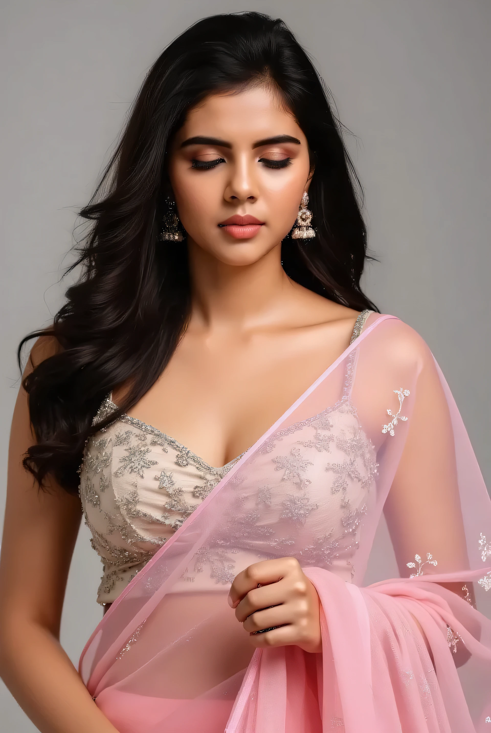 A young women in white and pink designer transparent saree. With strap blouse. (deep cleavage)( big breast) saree taken by one hand. Down eyes, blushing face.