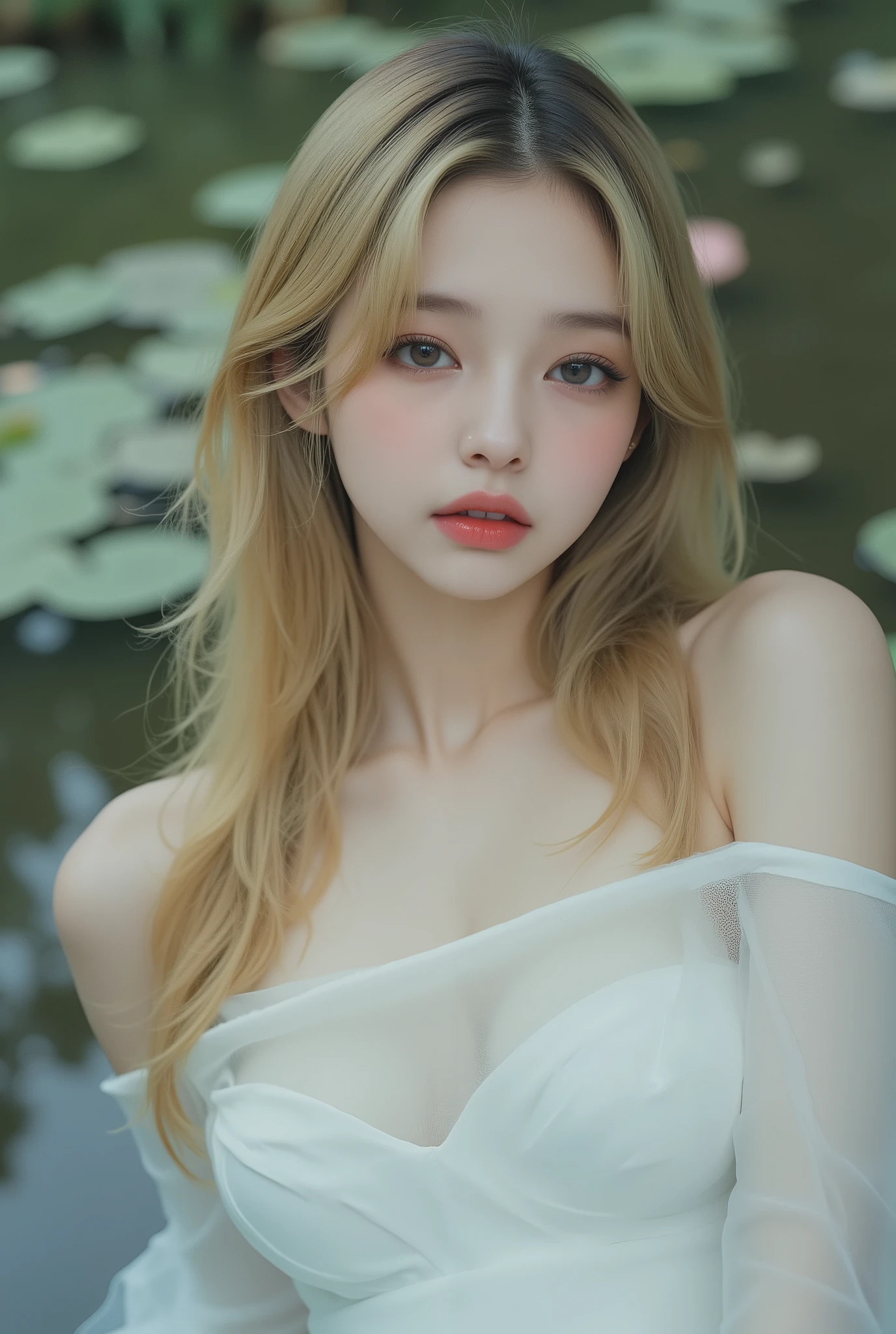 ( Highest Quality、8K、masterpiece:1.3)、 beautiful women、、Sexually:1.1、 Wet Blonde :1.1、)、(close your eyes), very detailed face 、 lips 、 detailed snow、 double eyelids、( white wet transparent dress with open shoulders)、( She's Wet )、( Lying down in a lakeside park)、 lying down to absorb Monet 's pond 、noble woman,Noble