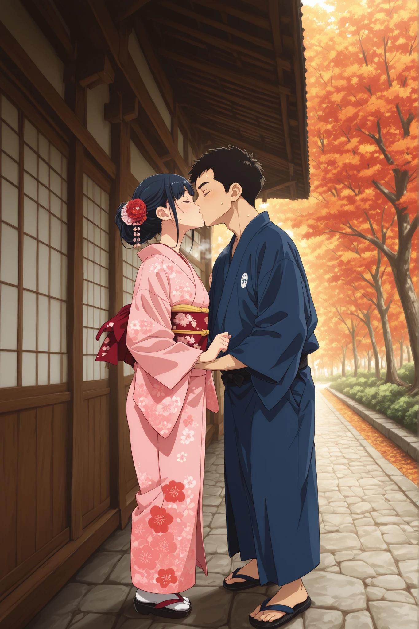 Woman in Japanese Kimono,和服, kimono,黒髪ロング,early 40s woman,early 30s man ,神社の境内 ,秋の紅葉, ultra-aesthetic, anime style, smile,{best quality}, {very aesthetic}, {ultra-detailed}, {best illustration},nsfw,秋,{{紅葉}},こちらを向く,胸をはだけずきちんと着物を着る, girl, being invited, autumn, tranquil,1 male,1 female,sweat, steam,male perspective,kiss,standing doggy,steam,日本家屋の中