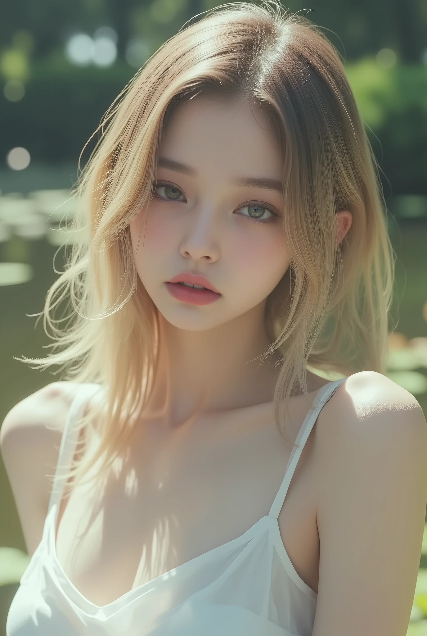 ( Highest Quality、8K、masterpiece:1.3)、 beautiful women、、Sexually:1.1、 Wet Blonde :1.1、)、(close your eyes), very detailed face 、 lips 、 detailed snow、 double eyelids、( pink nipples are transparent )、( white wet transparent dress with open shoulders)、( She's Wet )、( Lying down in a lakeside park)、 lying down to absorb Monet 's pond 、noble woman,Eyes that look down,