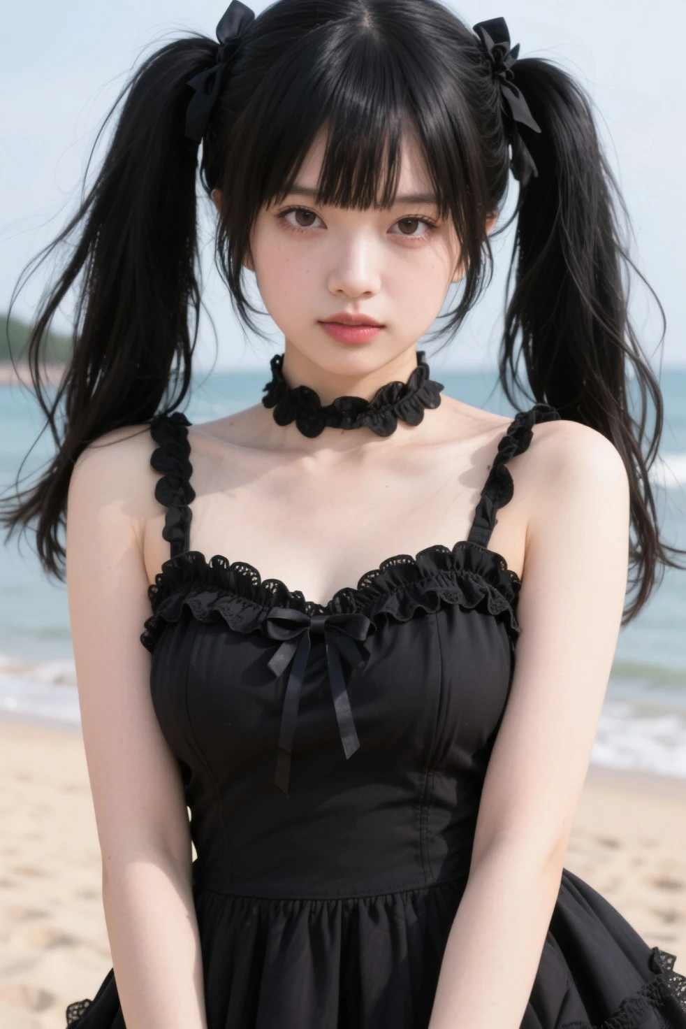 Black swimsuit with frills、Sandy beach、beautiody