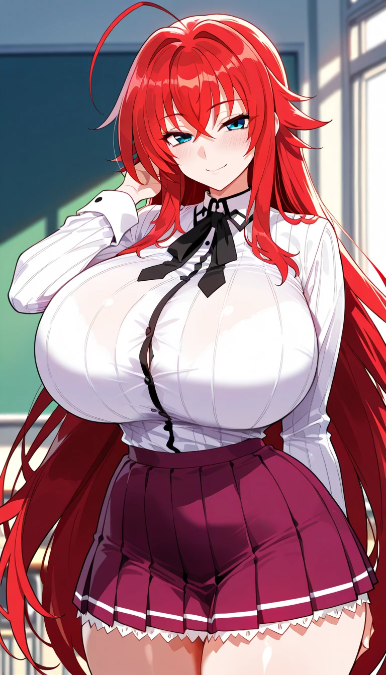 An anime-style artwork depicting rias gremory from the anime from the anime High School DxD

Tags: from the anime High School DxD,  , (school uniform:1.1), red hair, blue eyes, looking at viewer,  long hair , anime, detailed eyes, detailed lips, , 1girl, solo, , smiling expression, intense gaze, dynamic pose, indoor, palace, vibrant colors, digital art, high-resolution, professional quality, , cleavage), curvy, cowboy shot, (: 1.4),