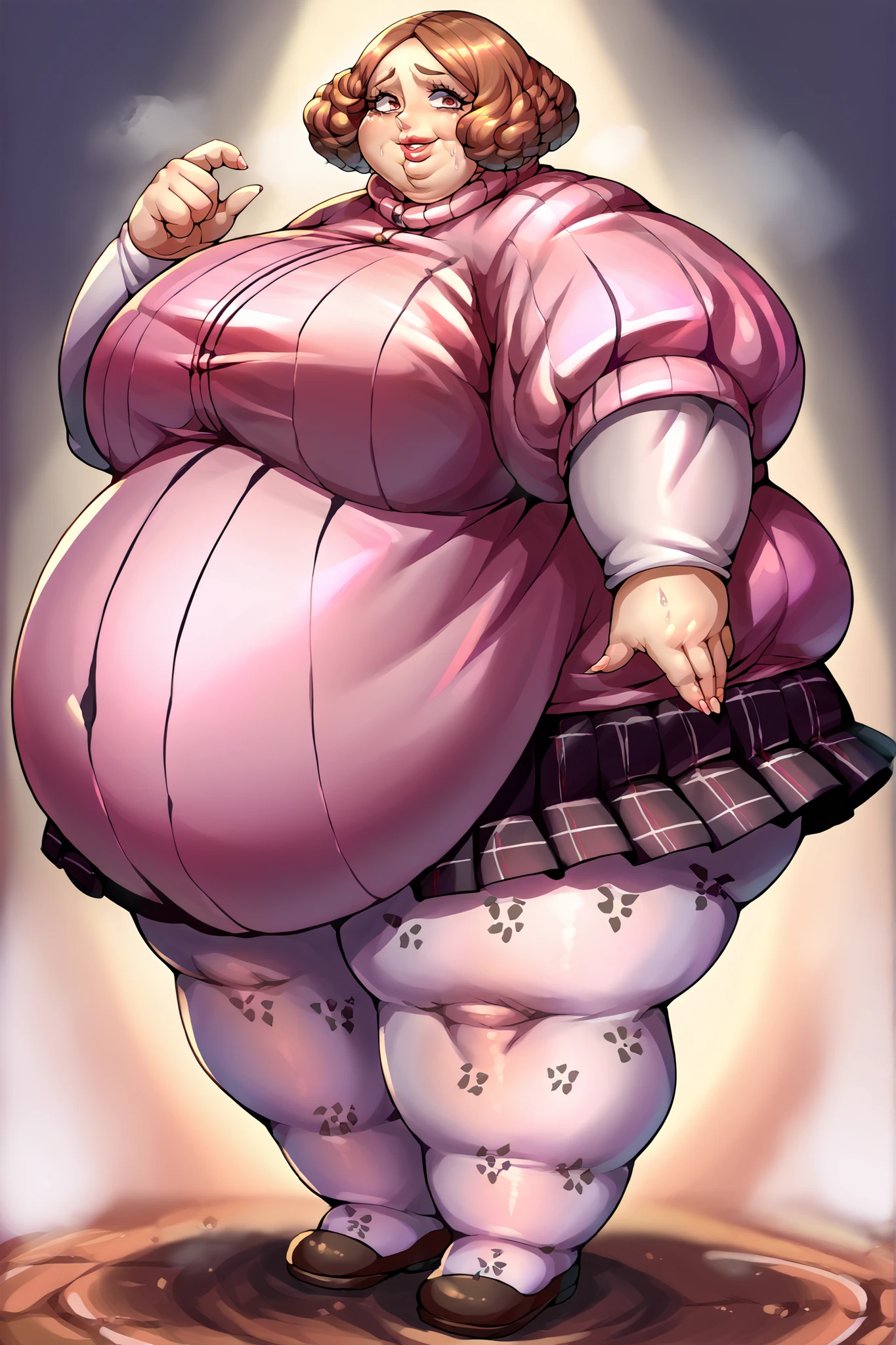 score_9, score_8_up, score_7_up, source_anime, BREAK 1girl, looking at you, smile, defHaru, short hair, pink ribbed sweater, turtleneck sweater, short over long sleeves, plaid skirt, pleated skirt, print pantyhose, giant hands, giant feet, fat, chubby, obese, gigantic arms and legs, gigantic breasts, sagging breasts, full body shot, fat face, chubby face, double chins, big lips, swollen lips, sweating, sweat stains, steam clouds, grease stains, flustered, swollen face, Fat_neck , Fat head , eyes with crushed cheeks , nose with crushed cheeks , mouth with crushed cheeks , chin roll,