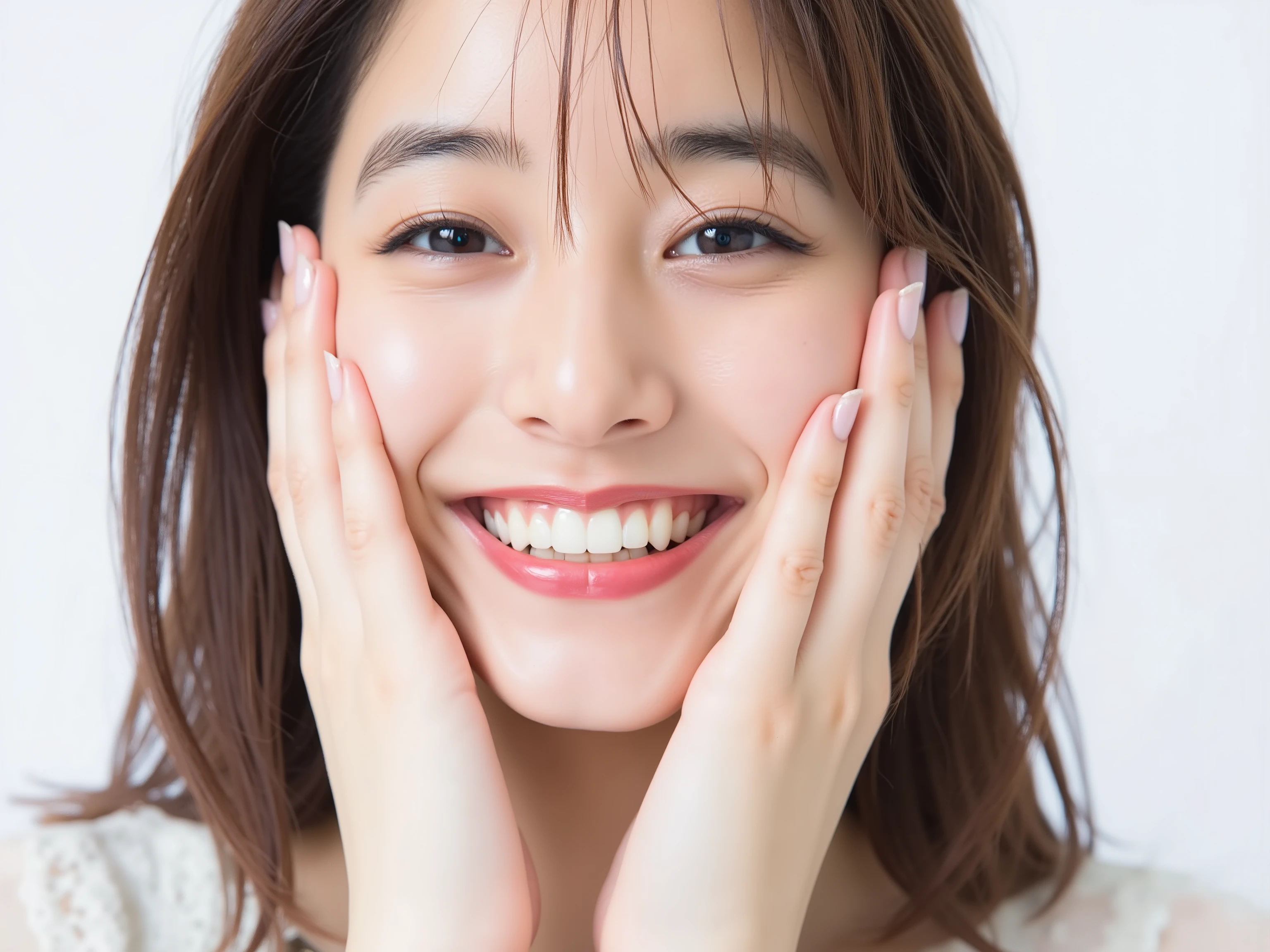 (Refined from an old photo, recreated in a modern, ultra high-quality photorealistic style, with a trendy Reiwa-era hairstyle: soft semi-long hair with natural waves and airy see-through bangs), 
Ultra photorealistic close-up portrait of a beautiful Japanese woman, 
upper-body shot, wearing a black outfit (completely out of frame, not visible), 
shoulders and collarbone softly exposed, 
both hands pressing her cheeks in a shy, lovestruck pose, 
sparkling eyes gazing dreamily at the viewer with overwhelming affection, 
cheeks blushing deeply with a sweet reddish glow, 
soft glossy lips curved into a bright, full, lovestruck smile, 
expression melting with love, playful, dreamy, adorably bashful, 
purely cute and lovestruck, overflowing with affection and warmth, 
realistic skin with detailed pores, subtle freckles, natural uneven tones, 
tiny imperfections for realism, soft peach fuzz visible, 
hair rendered with individual strands, slightly messy flow, natural matte shine, 
soft diffused cinematic lighting, natural depth, 
background pure white with gentle blur, 
(masterpiece, best quality, high resolution, intimate romantic close-up, cinematic magazine cover style)