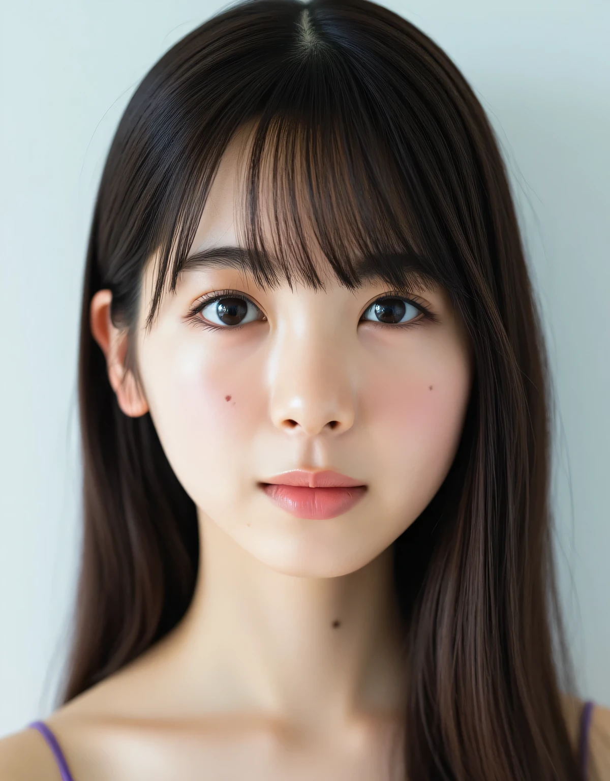 raw photo, reality, ((Staring)), ((Focus on the face)), ((close-up)), front view, Japanese Woman, Smile Yan, ((long hair, dark brown hair color, straight hair)), off shoulder, unedited, live-action, Authentic, cute young girls , Beautifully Reflective Eyes, beautifully detailed lips, extremely delicate eyes and face, long eyelashes, かすかなSmile Yan, Simple white background , Natural Light