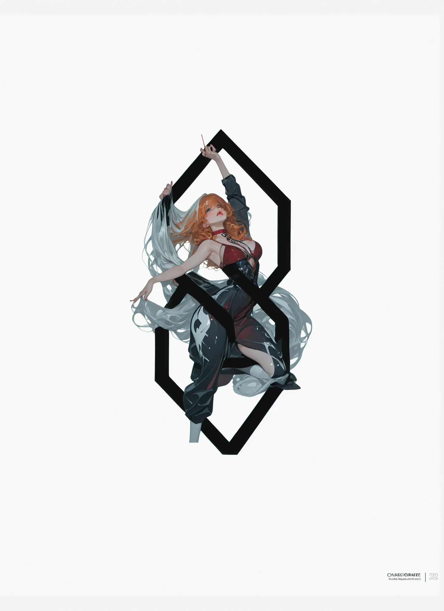 score_9, score_8, score_7, score_6, masterpiece, 4k, morimee_style, dark lighting, solo, perfect fingers, 5 fingers, perfect lips perfect face
1girl inside a shape,
BREAK,
1girl, charlie, EyesHD, perfect hands blush skin, ((long wavy orange hair)),(((white lines in hair))), blue eyes,thick , big lips, red lips, red eyeliner, red collar, large chest,red nails,thick thighs, posing ((standing)),confident,, kneeling, mouth open, red dress