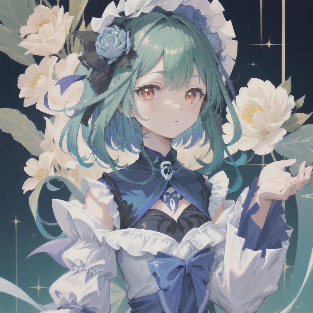 1 girl solo, light blue hair, purple eyes, dark red ram horns, golden bell on her , detached white and blue sleeves, shoulders, sleeveless black top, black gloves, ((portrait face closeup)) Vintage Victorian style, Precise vintage encyclopedia (best quality:1.2), (detailed:1.2), (masterpiece:1.2), vintage botanical illustration, (((white flowers Diphylleia grayi)))