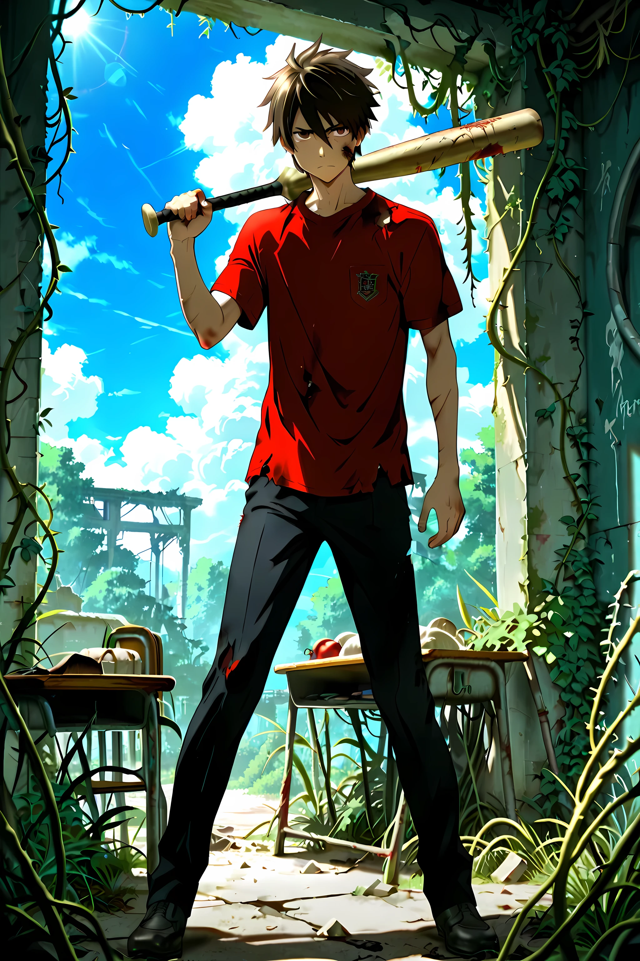 (masterpiece, absurdres, detailed:1.2), anime style, best quality, Ultra High Resolution, intricate detail, ( medium figure scale:1.3 ), 
1boy, Takashi Komuro, perfect face, cute face, clear and beautiful detailed eyes, brown eyes, short hair, black-brown hair, detailed skin, 
male focus, school uniform, gakuran uniform, open gakuran, red t-shirt, black pants, black boots, perfect hands, 5 fingers, dynamic pose, perfect body, Excellent body proportions, perfect , full body,
holding a baseball bat, post-apocalyptic school setting, destroyed classroom, overgrown vines breaking through windows, serious expression, Zombie, zombies lunging at him, debris scattering, survival horror, High-tension atmosphere,
sunny day, sky, clouds, cinematic composition, soft lighting, Cinematic Lighting, deep shadows, Bright colors, 