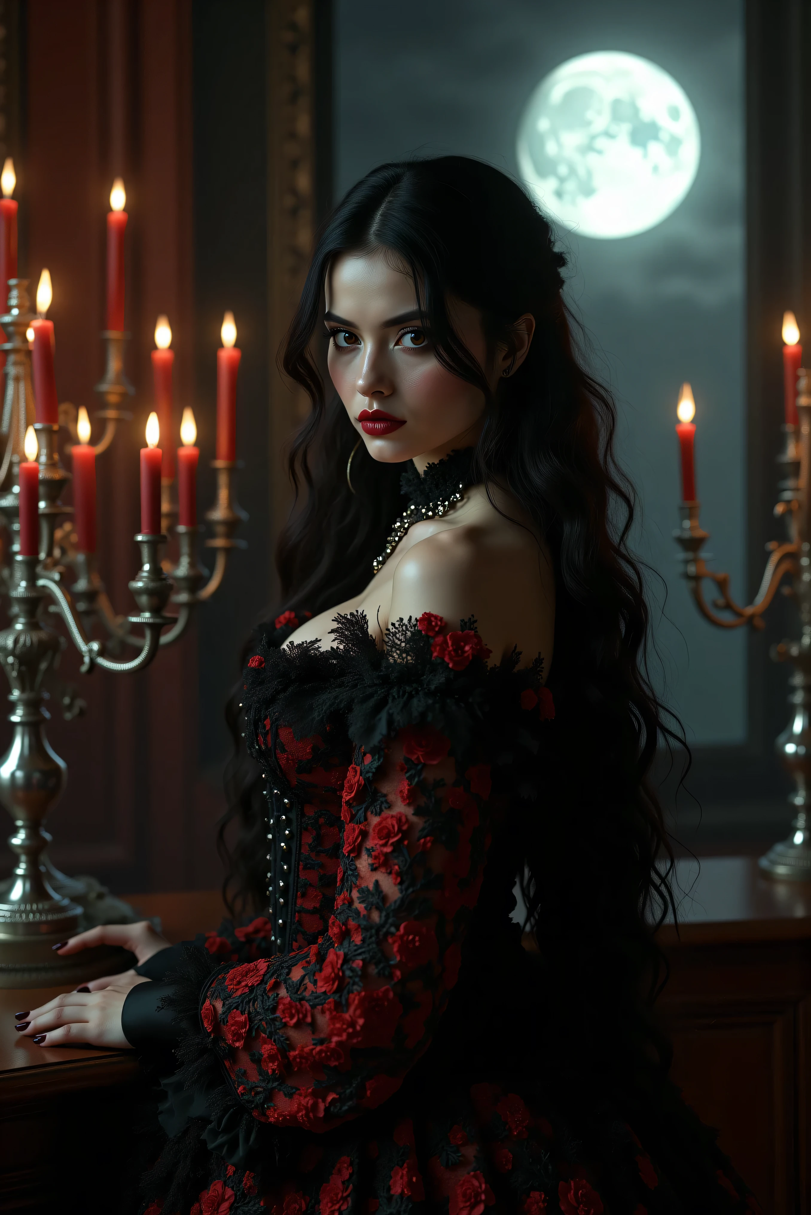 Ultra attractive gothic woman, hypersenual pose, moody atmosphere, gothic/victorian style dress, black and scarlet, ultra-realistic,photo-realistic,ultra-detailed, physically-based rendering, detailed portrait of a beautiful gothic woman with pale skin, dark makeup, piercing eyes and an intense expression, wearing an ornate black and scarlet,victorian-style dress, lit candles, silver candelabras, full moon seen from the window, atmospheric background with dramatic lighting, highly realistic, extremely detailed, 8K, HDR, studio lighting, vivid colors, ultra-realistic, photo-realistic, ultra-detailed, insane 3D realism, cinematic photography, cinematic portrait, portrait photography, cinematography, full focus, UHDR, highres, startling presence, icon style, intricate facial features, intricate eyes, black eyeshadow, black makeup, ornate gothic interior, professional movie quality imagery, otherworldly atmosphere,surreal, disquieting, unnerving, macabre fantasy art, highly morbid, grotesque beauty, gothic beauty,nightmarish imagery, masterpiece. 1girl, Looking at viewer, Black Hair, Very Long Hair, Parted Lips, Multiple Views, Wavy Hair, Large breasts, Wide-Eyed, Sparkling Eyes, Excited, Crazy Smile, Kubrick Stare, Macro Photo, Gothic Art