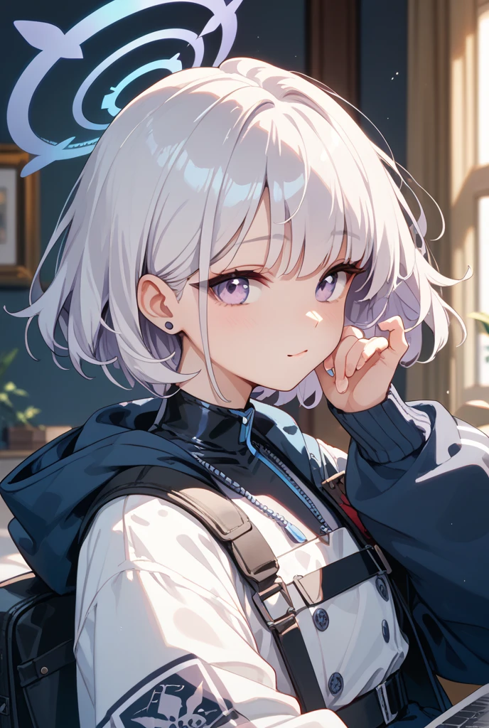,(Masterpiece, Best quality:1.1),solo, Aladdin_maggie, Evil smile,White jacket, Casual style,, belt, Cowboy shot、solo、Fluttering hair、White color hair、a small face、hason、Bright smile、(parka、Finger gloves、White sneakers)、(Fine fingers、human hand)、(Detailed face) 、(top-quality: 1.4、tmasterpiece、 hyper HD、 Top resolution,、The is very detailed、 profesional lighting、 Gray light illumination、low angle from below