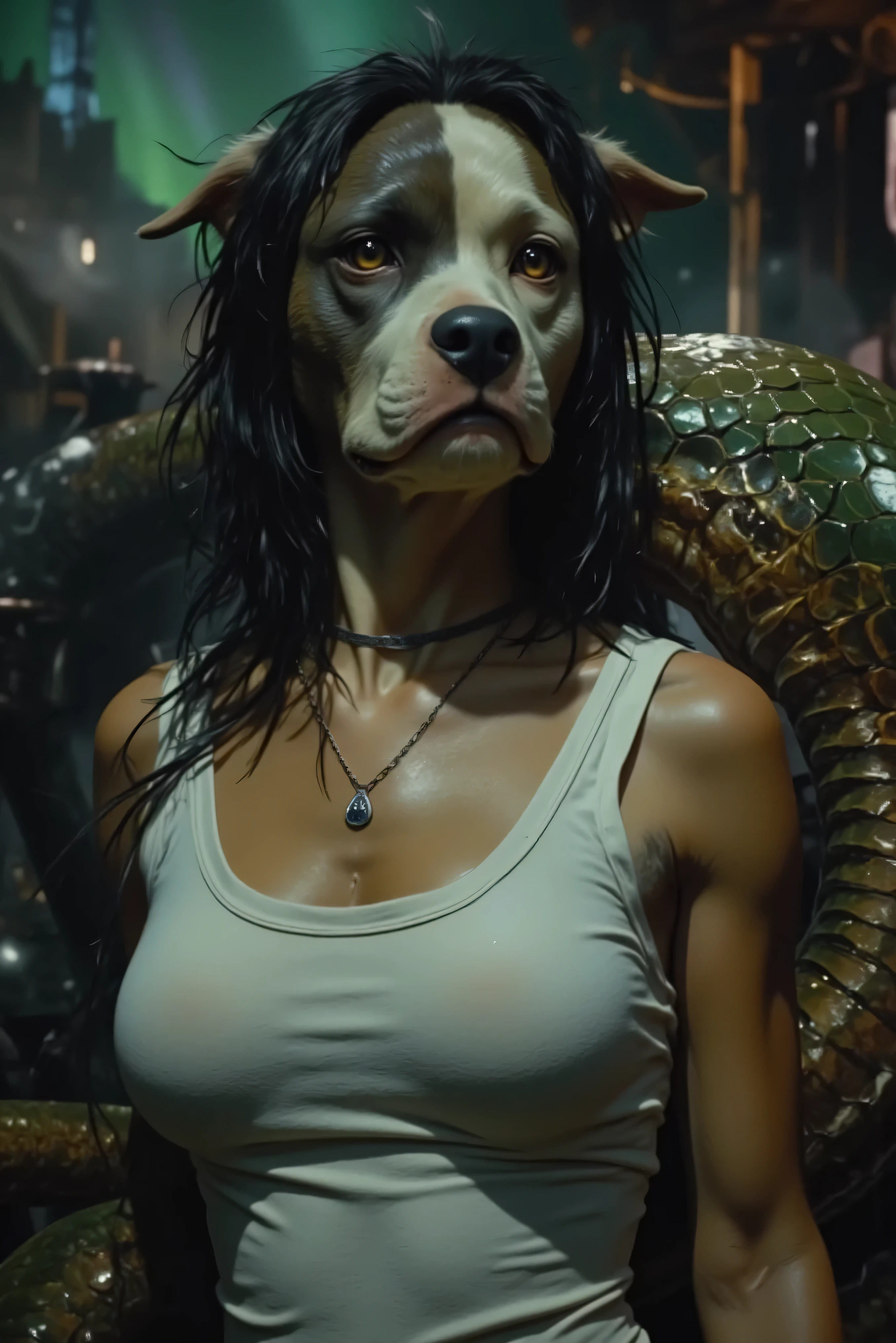 A hybrid creature with a muscular pit bull head seamlessly blending into a massive serpentine body, captured in stunning photorealistic detail, dramatic lighting enhances the powerful musculature and textured scales, intricate details of the canine facial features show glistening eyes with amber highlights, detailed wrinkles and expressions, iridescent snake scales with a subtle metallic sheen catch the light, sharp detailed fangs with translucent saliva droplets creating dynamic tension, set against a mystical twilight landscape where vibrant aurora borealis dances across the sky in waves of emerald, violet, and cyan, atmospheric fog adds depth, shot with professional cinema camera, photorealistic rendering, ultra high definition, extreme detail in textures, cinematic color grading, dramatic depth of field, moody lighting emphasizes the creature's powerful presence. Ultra-realistic, photo-realistic, cinematography, UHD, high-res, hyper realistic, 3D realism, physically based rendering, professional masterpiece.