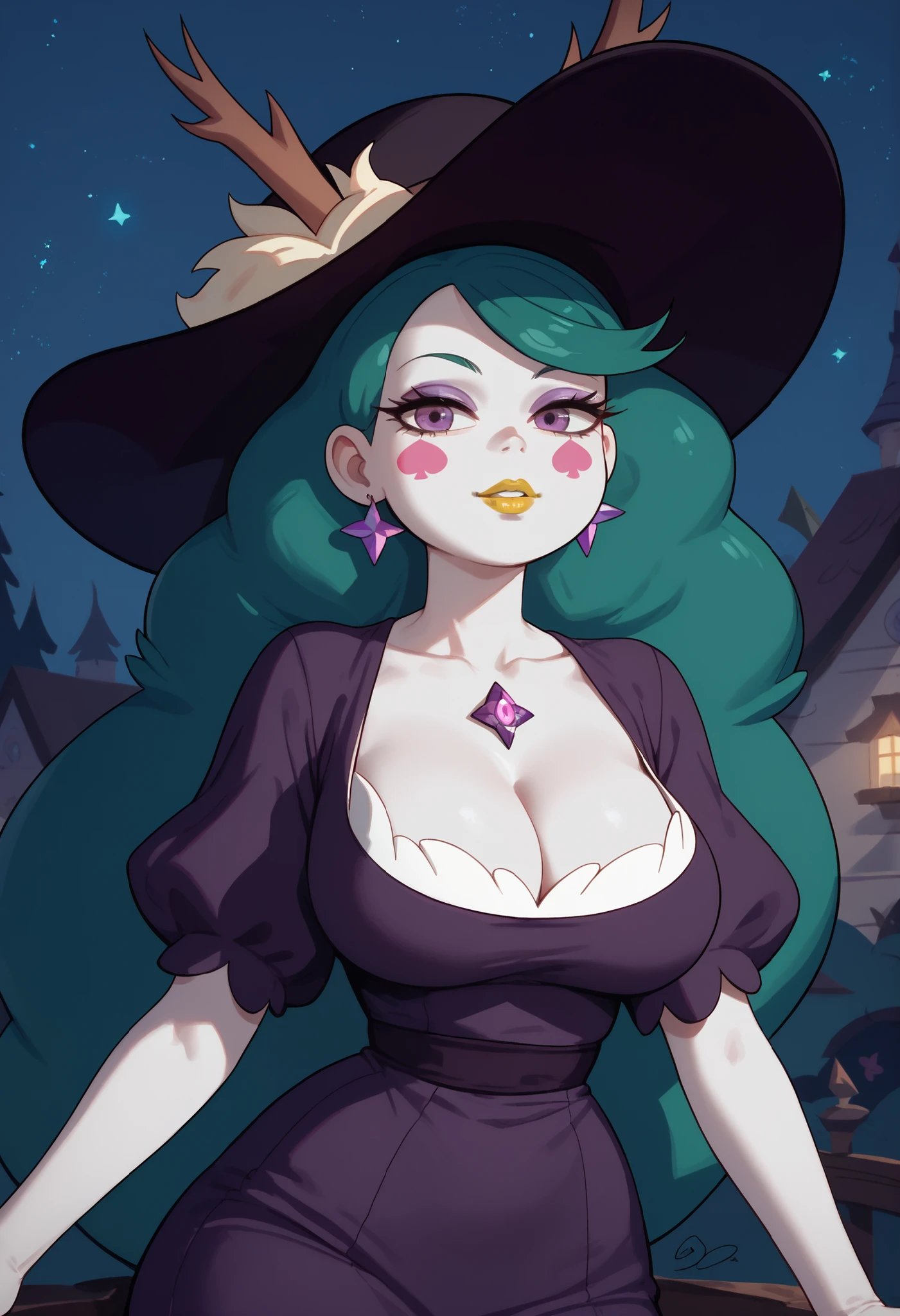 Eclipsa Butterfly, woman, large breasts, anime style, yellow lipstick, white skin, blue-green hair, purple eyes, cleavage, dark purple dress, hat, night, looking at viewer, focus on character, Star vs The Forces of Evil, solo