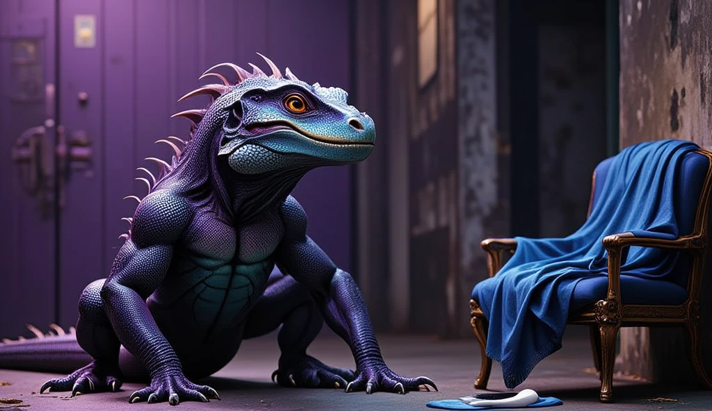 Female anthro raptor with big breasts and   , has a puffy , laying on a couch late at night, TV light shining on her, pleasured face, sitting on couch while toying with her , looking to the side thougtfully, shiny scalie raptor skin, realism, realistic,