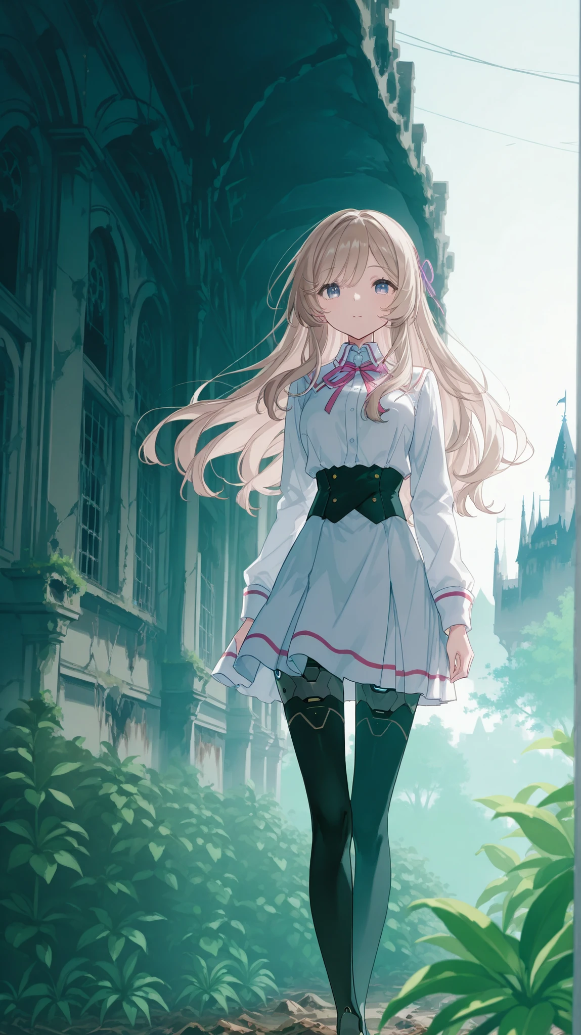 Abandoned Castle Garden、bright light、lots of plants、Vivid Flowers々，Girl Standing、Close-up of a high school girl、Only nature moves is a girl-type android buried in