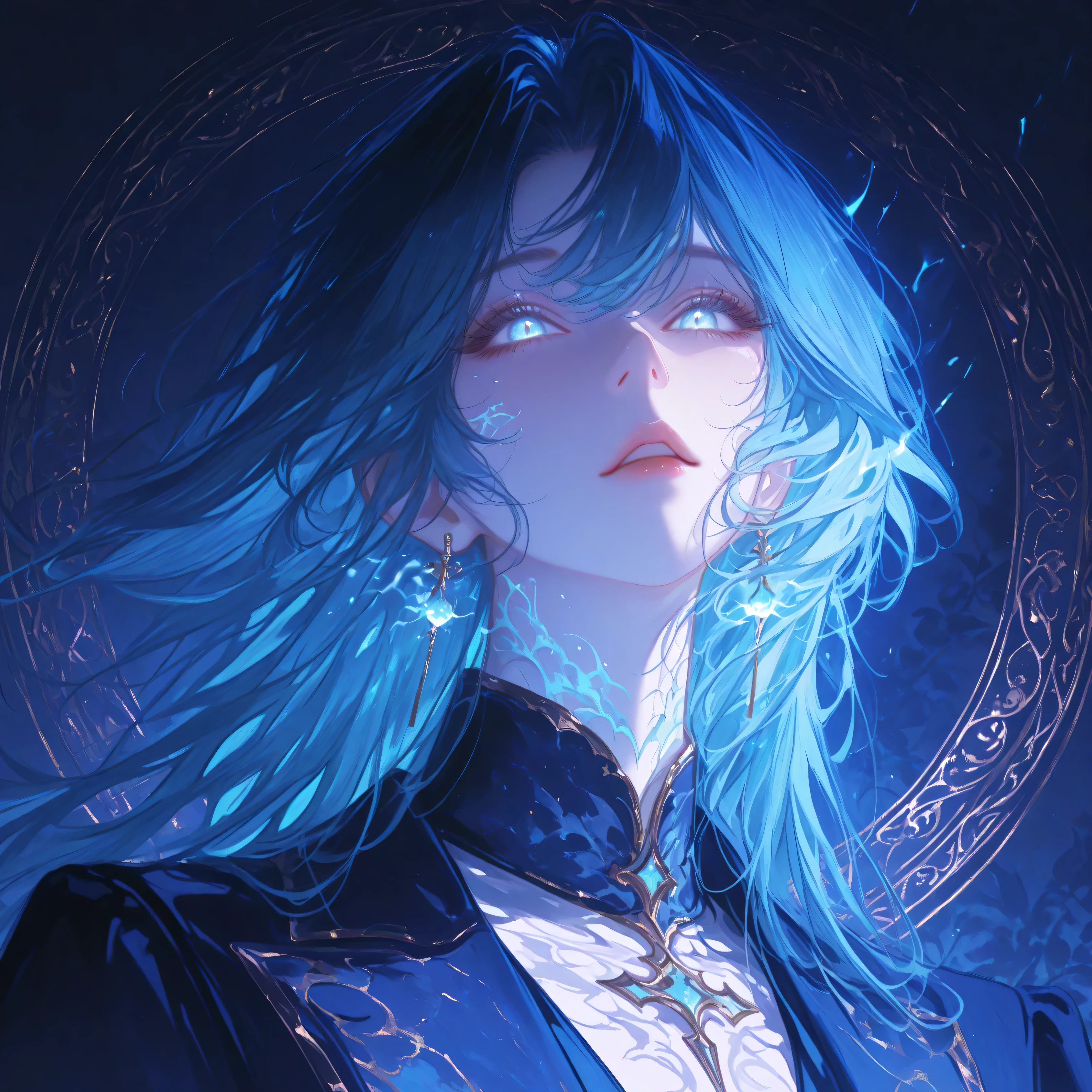 a detailed anime-style character portrait , the character is standing,blue, closeup, detailed eyes , clear , semi realistic,background,high quality, intricate details,dynamic scene, frequency,vibrant colors, soft lighting, sharp focus, 8k, elegant clothes,digital art, anime character, ethereal, mystical, glowing eyes, flowing hair, porcelain skin, delicate features, atmospheric background, magical elements, moody lighting, glowing aura,