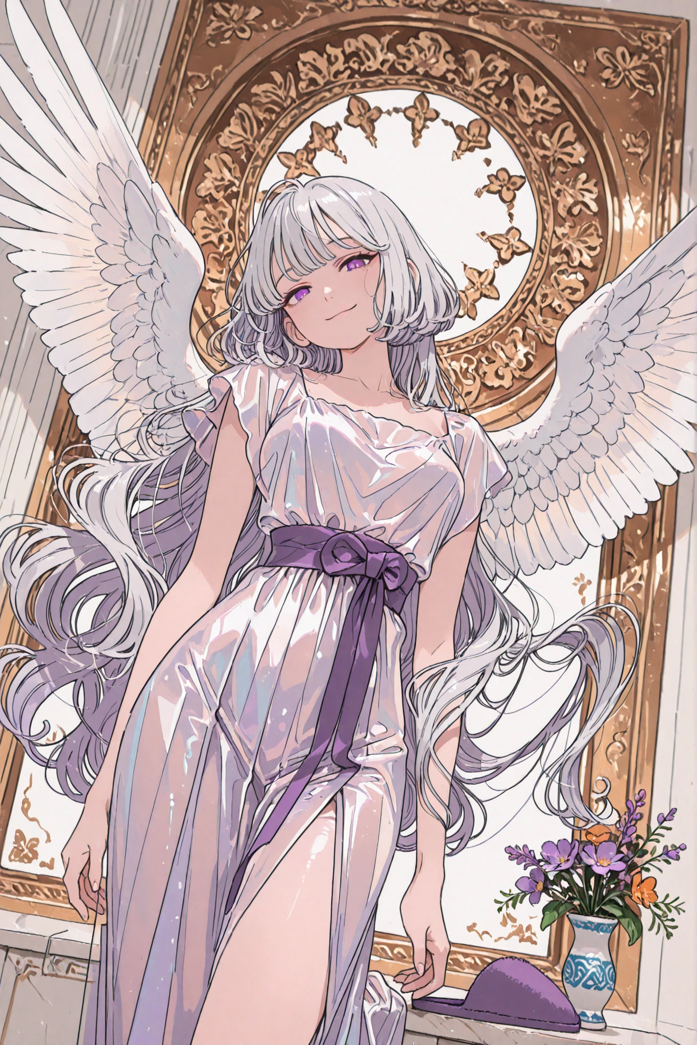 ((best quality)), ((masterpiece)), score_9, score_8_up, score_7_up, score_6_up, score_5_up, score_4_up,
1 girl, solo, beautiful girl, adult woman, elegant, stunning beauty, graceful,
height 158cm, slender body, delicate frame, glamorous curves, large bust,
very long straight silver hair, waist length hair, silky smooth hair, flowing hair,
(no short hair, no bob cut, no wavy hair, no curly hair),
lavender purple eyes, mesmerizing gaze, refined facial features, sculpted face, porcelain smooth skin, pale white, flawless, glowing like jade,
sheer pastel gown, flowing fabric, silver jewelry, ribbon waist belt, soft satin slippers, light shawl,
white angelic wings on back, small white tail feathers above hips,
serene smile, warm and gentle expression, flower-like beauty,
face focus, cowboy shot, dynamic angle, dutch angle, looking at the viewer, standing pose, graceful feminine silhouette, delicate wrists and ankles,