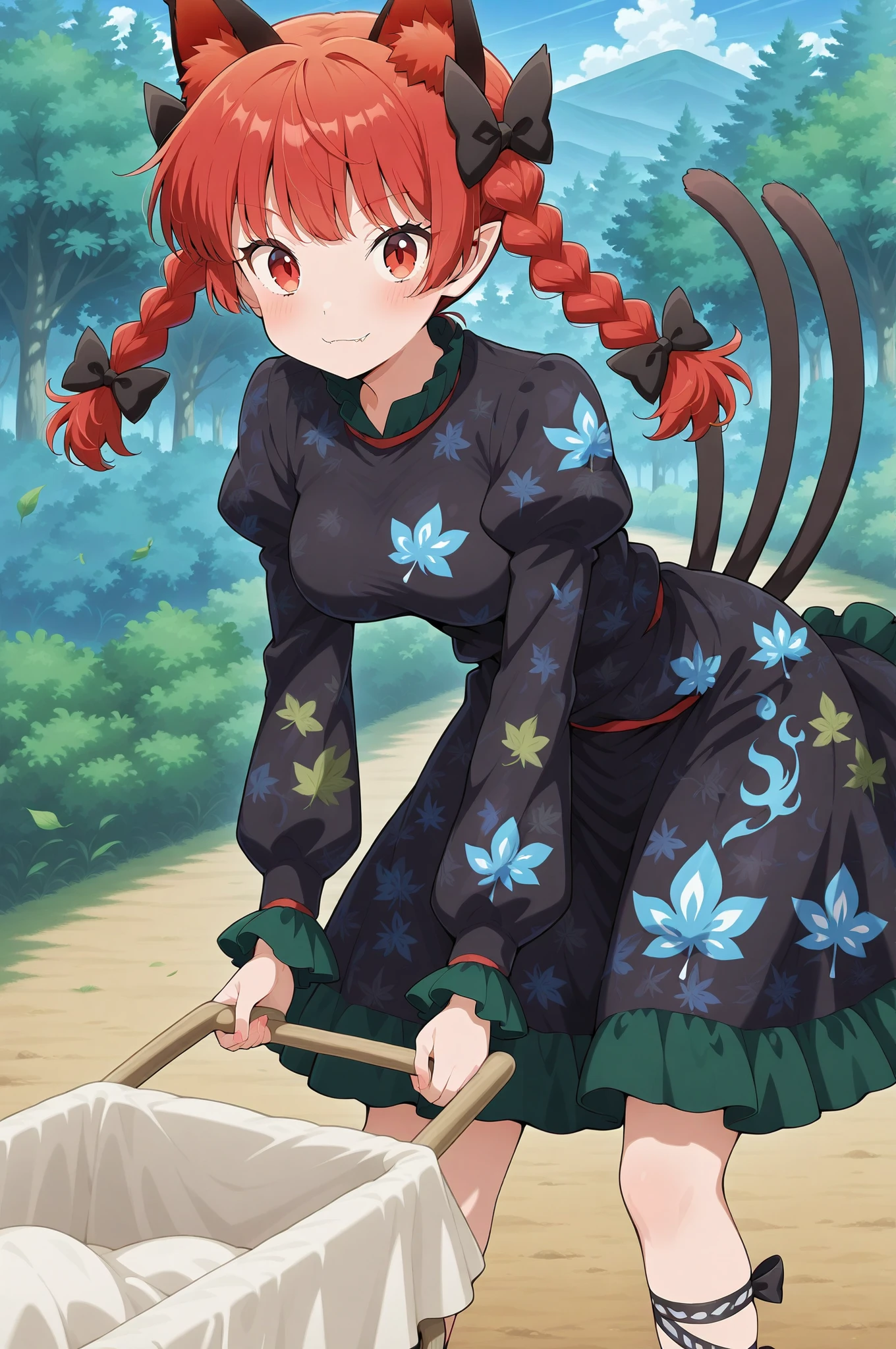 absurdres, highres, masterpiece, best quality, amazing quality, official anime artwork, screencap, anime screencap, outdoors, looking at viewer, light smile, dynamic pose,
kaenbyou rin, 1girl, solo, red eyes, red hair, twin braids, fangs, cat ears, cat tail, two tails, medium breasts,, hair bow, black bow, black dress, leaf print, puffy long sleeves, leg ribbon, holding wheelbarrow,no clothes