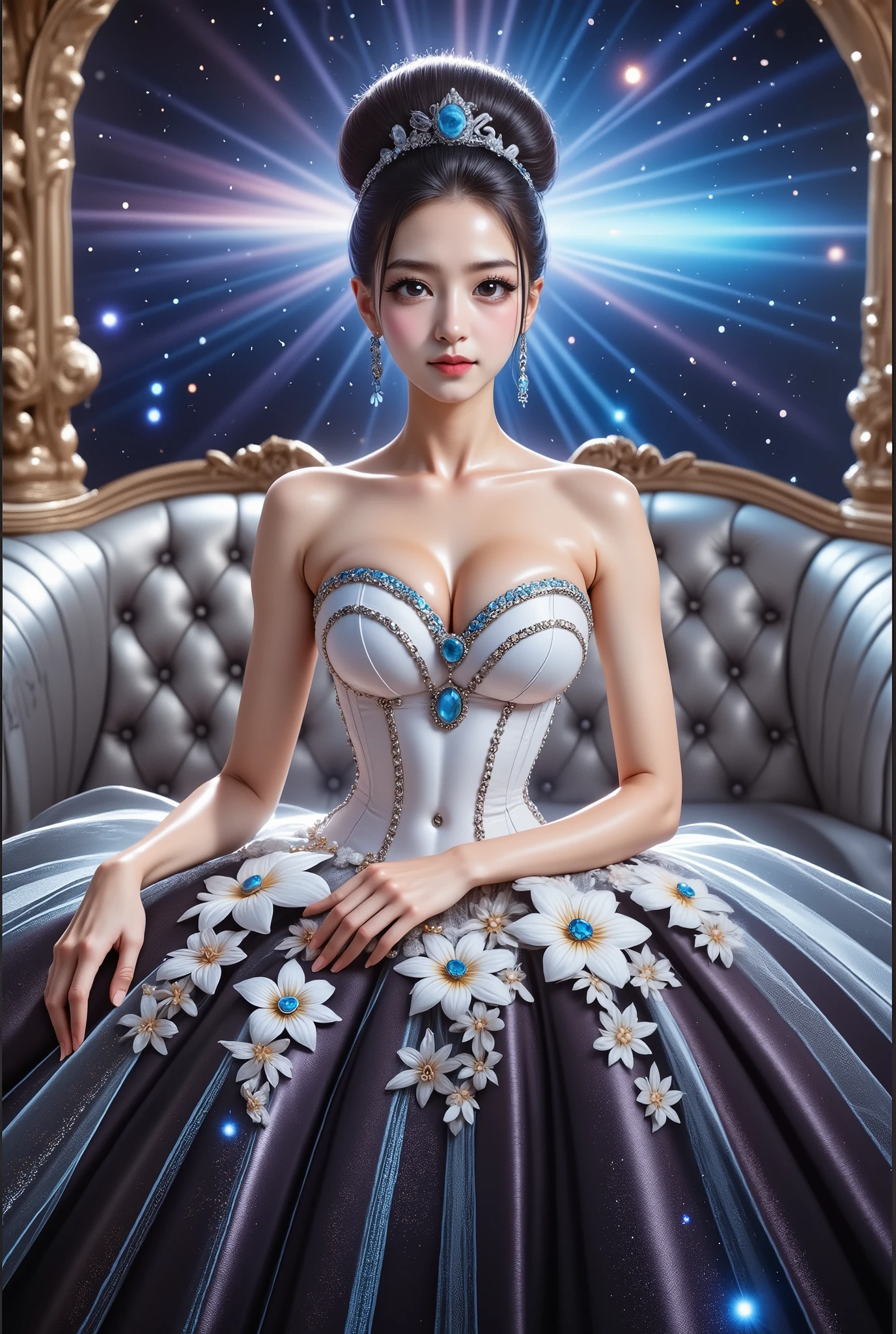 A beautiful Asian idol girl with white skin, douyin-style makeup face, eyelashes, With fake giant breasts, blue eyes, shiny body, wet body, wearing a tight strapless dress that presses the breasts, with a sexy and slim body, a small waist, Shiny clothing, metalic stell clothing, sitting in space, UHD, luxurious dress, a dress decorated with pearls, diamonds, jewels, and flowers, a dress emitting light, the most elegant and extraordinary dress, a fantasy dress, a beautiful digital artwork, a beautiful fantasy empress, wearing a strapless dress made of beads and carbon fiber, a photo with very sharp details, the best quality: 1.2),, (8k, high resolution, RAW photo, realistic, photo-realistic: 1.3), (detailed skin texture, detailed fabric texture, detailed element texture, exquisite detailed face: 1.25), professional lighting, photon mapping, beautiful soft light, radiosity, physically based rendering, raytracing, model shooting style, model shooting style, (highly detailed 8k unity CG Wallpaper), the most beautiful artwork in the world. (Body Navel) (chest push up) (nipple).