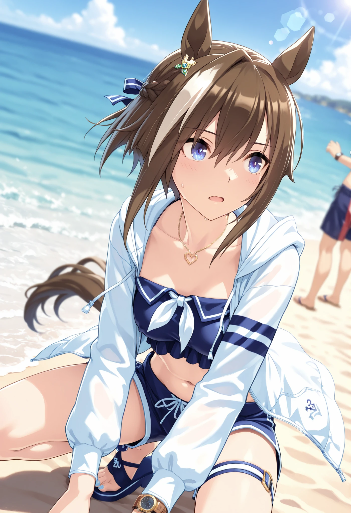 masterpiece, Highest Quality, very high resolution,Super Detailed,Floating Hair,brown hair,nsfw,  bulges under clothes, Watch Viewers,
Cheval Grand (Uma Musume), 1girl, horse ears, Jirio Mahonoji, Blue Claws, blue beach sandal, belly button, blue swim shorts, Single White Thigh Strap,
midriff, heart necklace with open eyes, collarbone,  open the jacket, long sleeve, hooded swim jacket, blue  tops, blue hair ribbon, white ear earrings, crown braid hair, summer_ calm_Navy_Drop,  Ears , white  ribbon,rimless, 
Beautiful Detailed Eyes,squats,dynamic angle,Outdoors, depth of field,
motion blur, lens flare, blurry background, day,null, ocean, beach, sand,
