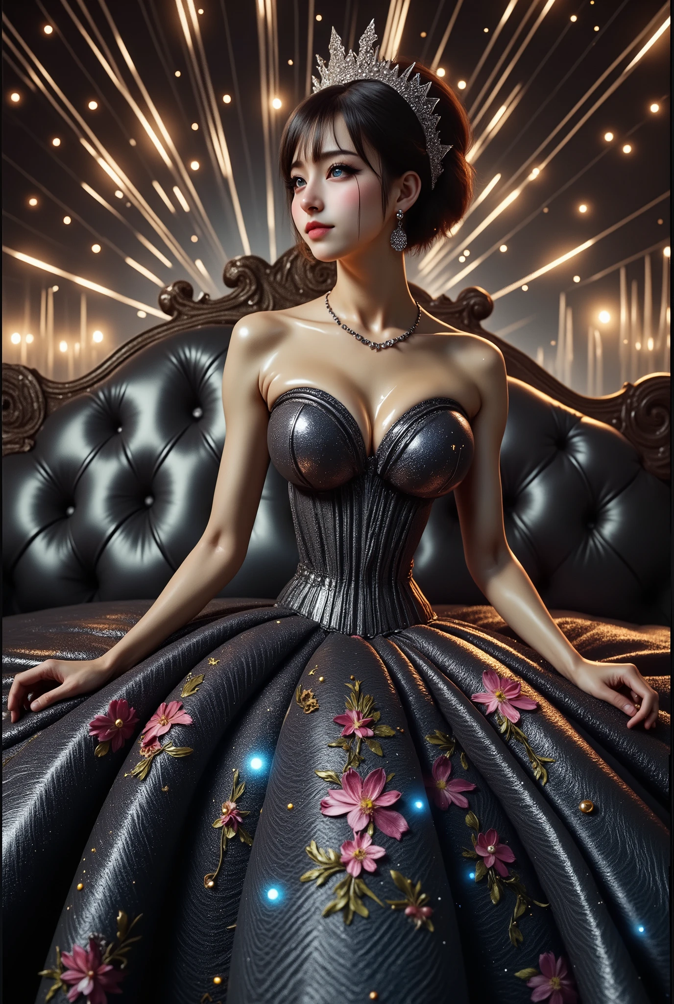A beautiful Asian idol girl with white skin, douyin-style makeup face, eyelashes, With fake giant breasts, blue eyes, shiny body, wet body, wearing a tight strapless dress that presses the breasts, with a sexy and slim body, a small waist, Shiny clothing, metalic stell clothing, sitting in space, UHD, luxurious dress, a dress decorated with pearls, diamonds, jewels, and flowers, a dress emitting light, the most elegant and extraordinary dress, a fantasy dress, a beautiful digital artwork, a beautiful fantasy empress, wearing a strapless dress made of beads and carbon fiber, a photo with very sharp details, the best quality: 1.2),, (8k, high resolution, RAW photo, realistic, photo-realistic: 1.3), (detailed skin texture, detailed fabric texture, detailed element texture, exquisite detailed face: 1.25), professional lighting, photon mapping, beautiful soft light, radiosity, physically based rendering, raytracing, model shooting style, model shooting style, (highly detailed 8k unity CG Wallpaper), the most beautiful artwork in the world. (Body Navel) (chest push up) (nipple).