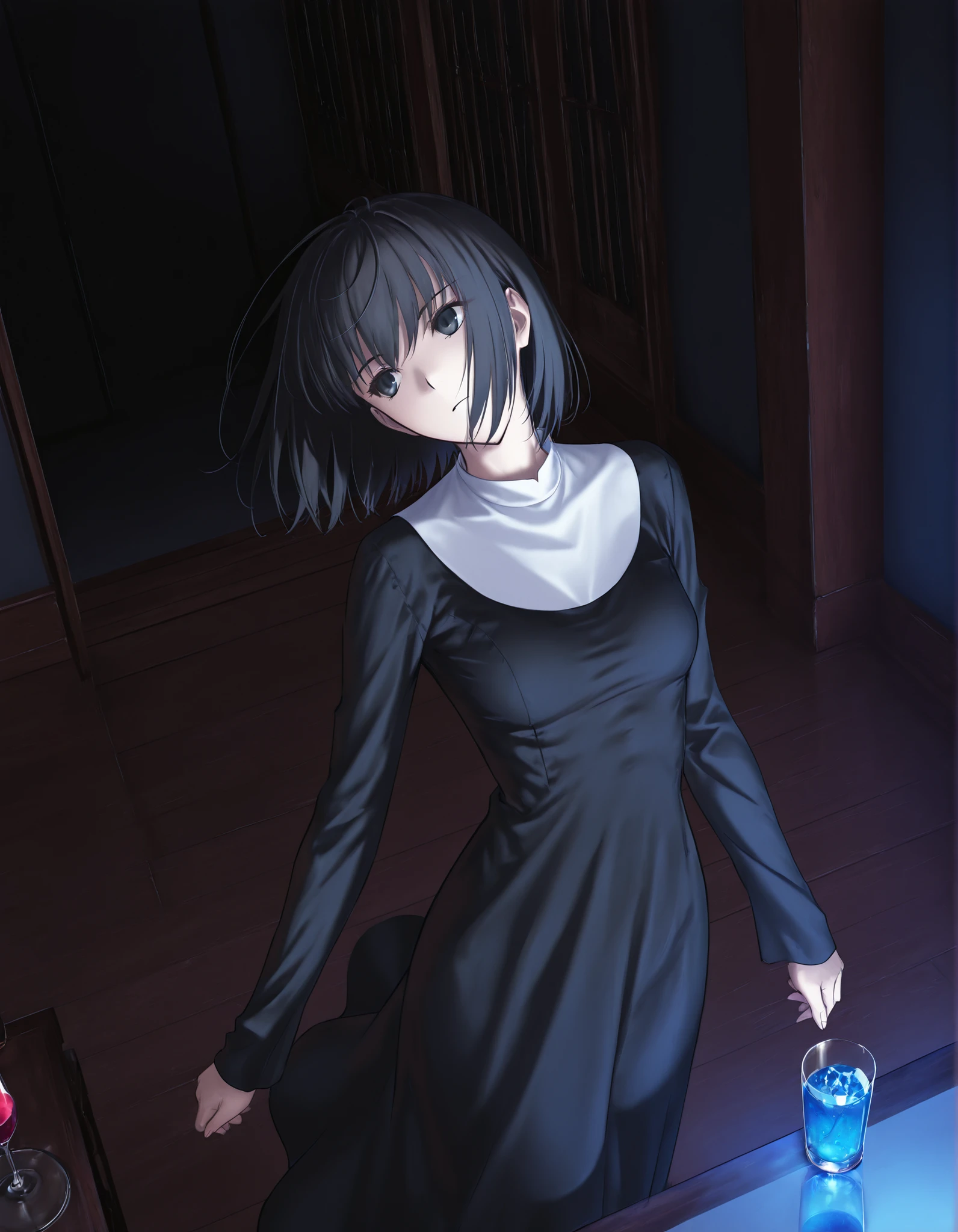 masterpiece, , absurdres, highres, detailed background, high resolution, masterpiece, necessary, detail, best quality, quality, necessary, details, High details, Precise, , indoors,(dark room, ), dynamic angle ,from above ,(), ,
1girl, solo, (type-moon,) style, koyama hirokazu style, (aged up) ,() ,head tilt , glass,(), (),
tall girl, ,long arms,(slim body, ),alice kuonji, ,black nun dress, black hair, short hair, black eyes, turime ,(), (loose fit dress), ,looking away, ,(small breasts), , , silky skin ,