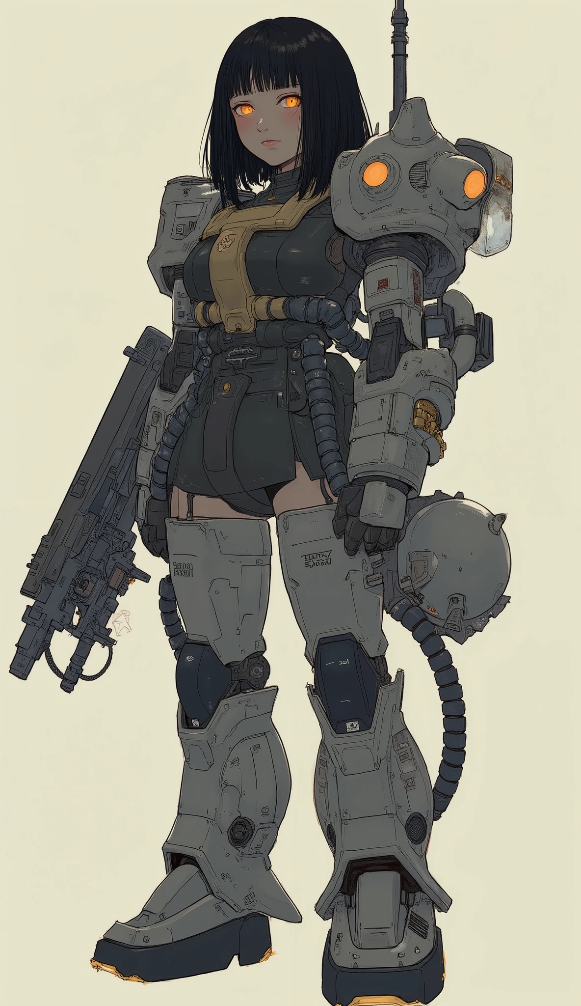 Woman wearing zaku armor, front、Zaku, Dynamic Action Poses、arm-fold、standing confidently ,off-white, Zaku, Female Mecha, Japanese Mecha, Macross's style, Mecha Girl、dark haired、full bangs、popular hair、BIG BREASTS、zaku、simple white background