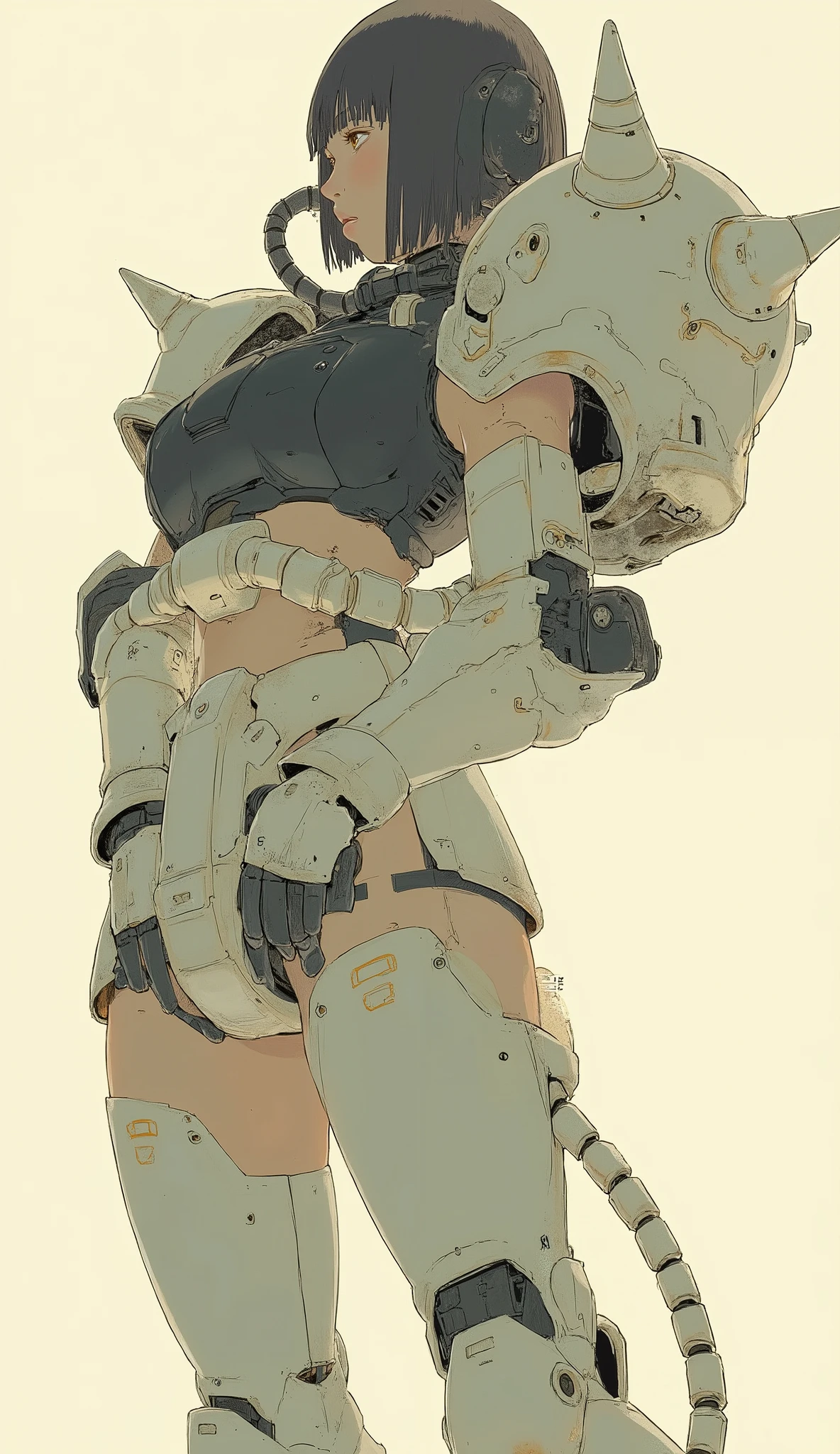 Woman wearing zaku armor, front、Zaku, Dynamic Action Poses、arm-fold、standing confidently ,off-white, Zaku, Female Mecha, Japanese Mecha, Macross's style, Mecha Girl、dark haired、full bangs、popular hair、BIG BREASTS、zaku、simple white background、upper body、