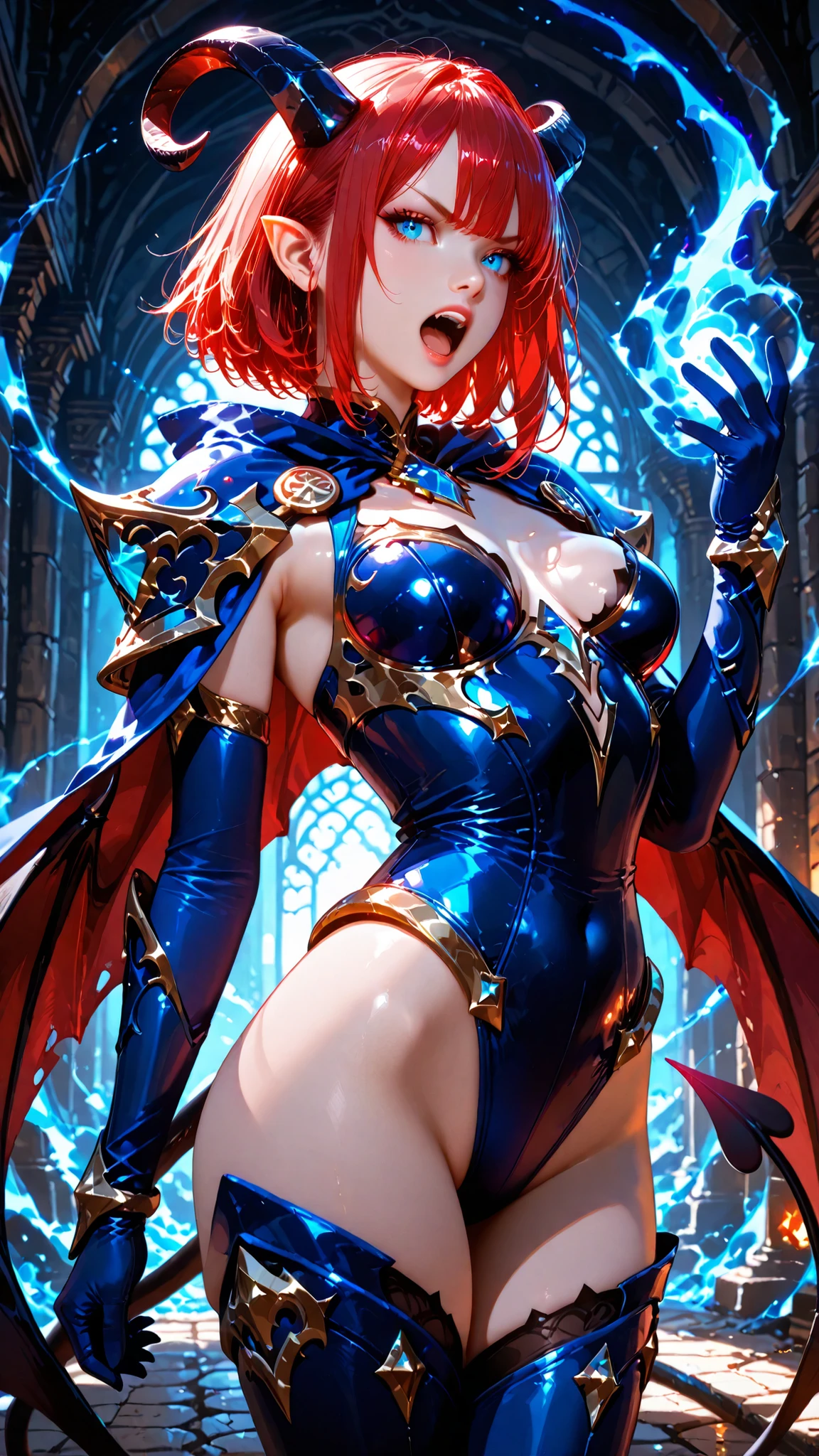 masterpiece, best quality, vibrant, very aesthetic, high contrast, realistic, newest. A striking, light-skinned, mage succubus woman wearing a dark sexy magic blue armor with gems. Magic blue hand. Her red hair, and her eyes are a striking bright blue, medium breasts. expresion of rage, scream rage, open mouth. dynamic. A dungeon room in background.