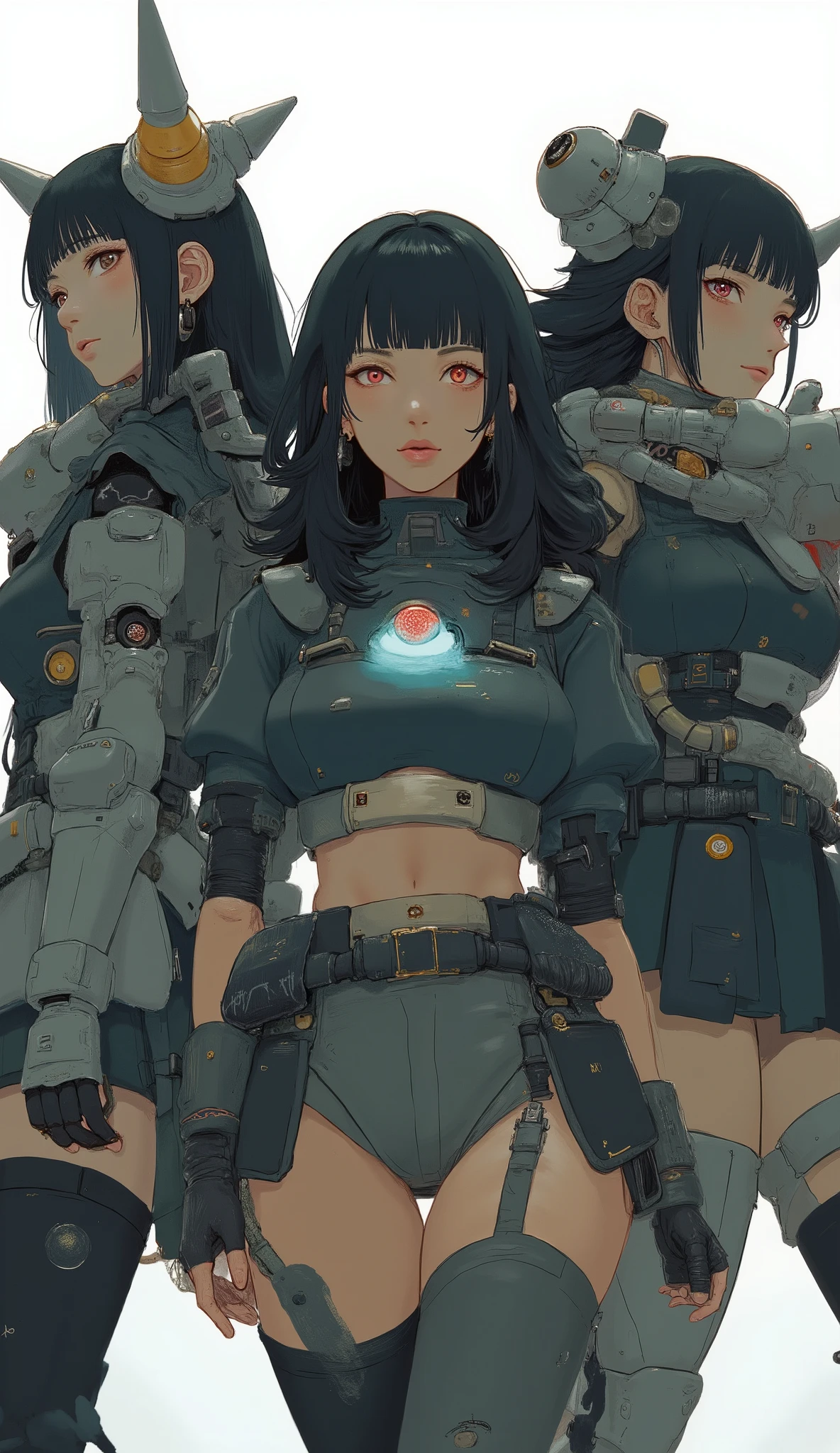 Close up of three women wearing zaku armor, front、Zaku, dynamic action poses、standing confidently ,shining scale-like skin, Zaku, Female Mecha, Japanese Mecha, Macross's style, Mecha Girl、dark haired、full bangs、popular hair、BIG BREASTS、zaku、simple white background