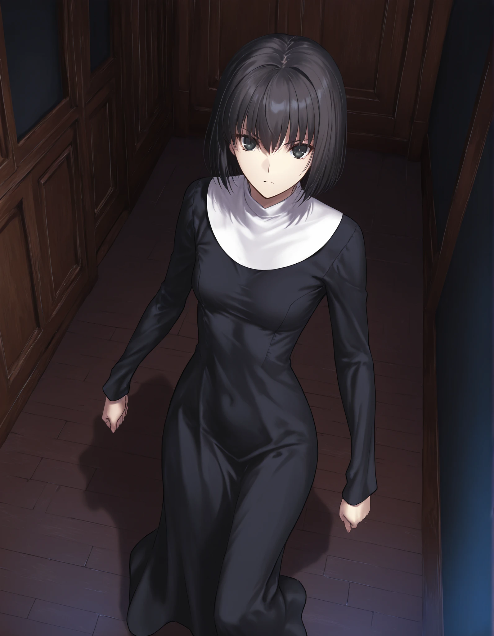 masterpiece, , absurdres, highres, detailed background, high resolution, masterpiece, necessary, detail, best quality, quality, necessary, details, High details, Precise, , indoors,(dark room, ), dynamic angle ,from above ,(), ,
1girl, solo, (type-moon,) style, koyama hirokazu style, (aged up) ,() ,(), (),
tall girl, ,long arms,(slim body, ),alice kuonji, ,black nun dress, black hair, short hair, black eyes, turime ,(), (loose fit dress), ,looking at viewer, ,(very small breasts), , , silky skin ,