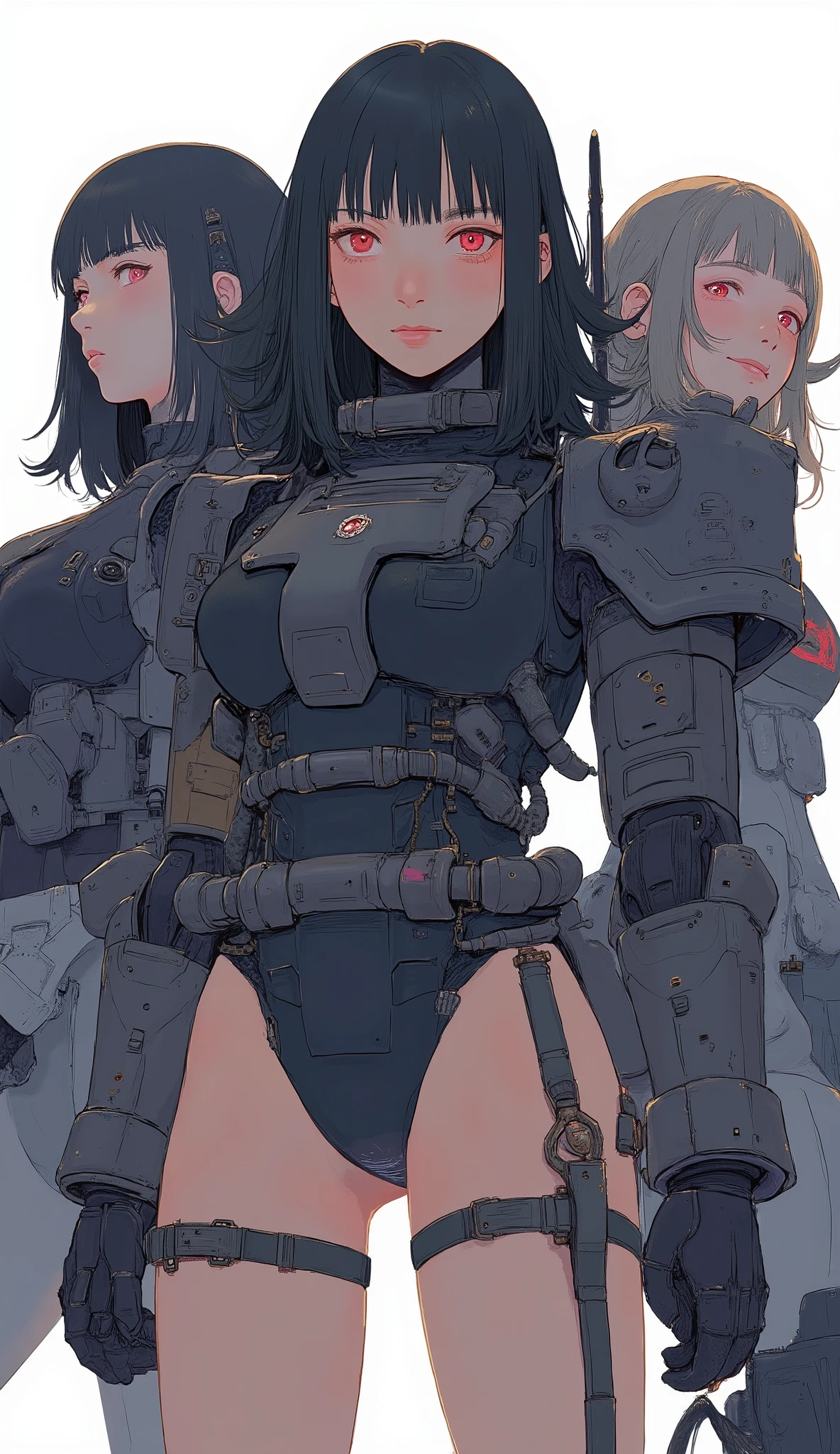 Close up of a trio of women wearing zaku armor, front、Zaku, dynamic action poses like the god of death has、standing confidently ,shining scale-like skin, Zaku, Female Mecha, Japanese Mecha, Gundam style, Mecha Girl、dark haired、full bangs、popular hair、BIG BREASTS、zaku、simple white background