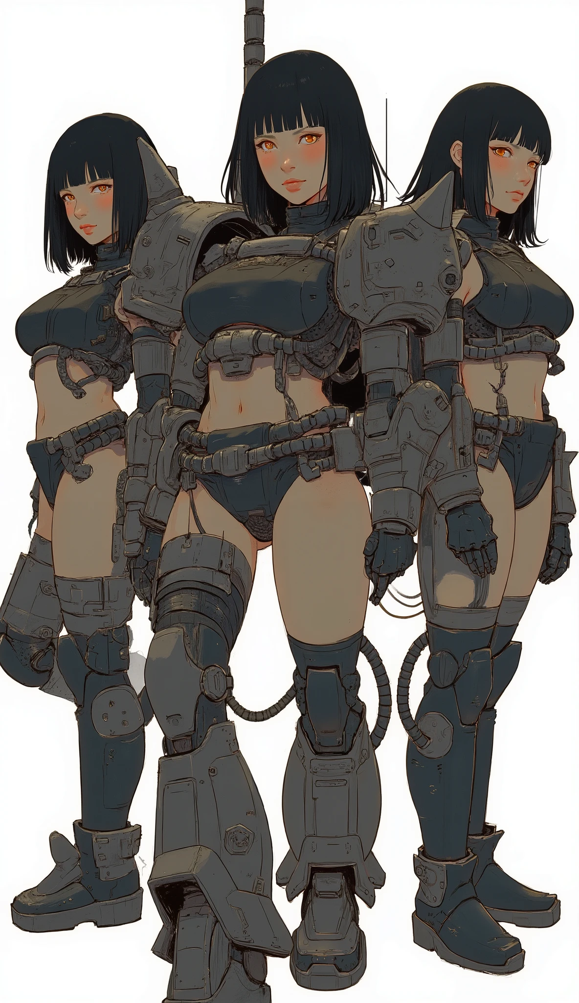 A group of 3 women wearing zaku armor, front、Zaku, dynamic action poses、standing confidently ,shining scale-like skin, Zaku, Female Mecha, Gundam style,Japanese anime、dark haired、full bangs、popular hair、BIG BREASTS、zaku、simple white background