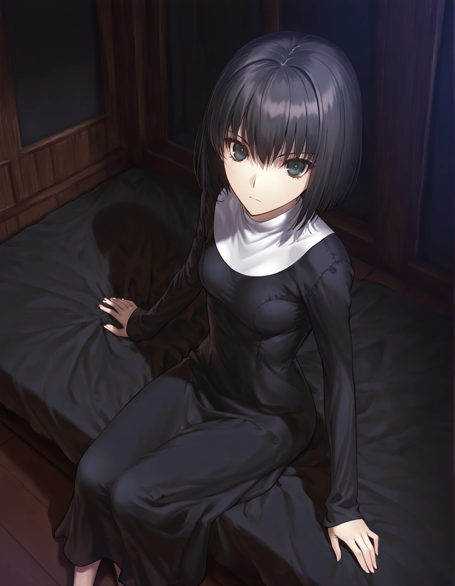 masterpiece, , absurdres, highres, detailed background, high resolution, masterpiece, necessary, detail, best quality, quality, necessary, details, High details, Precise, , indoors,(dark room, ), dynamic angle ,from above ,(), ,
1girl, solo, (type-moon,) style, koyama hirokazu style, (aged up) ,() ,(), (sitting),
tall girl, ,long arms,(slim body, ),alice kuonji, ,black nun dress, black hair, short hair, black eyes, turime ,(), (loose fit dress), ,looking at viewer, ,(very small breasts), , , silky skin ,