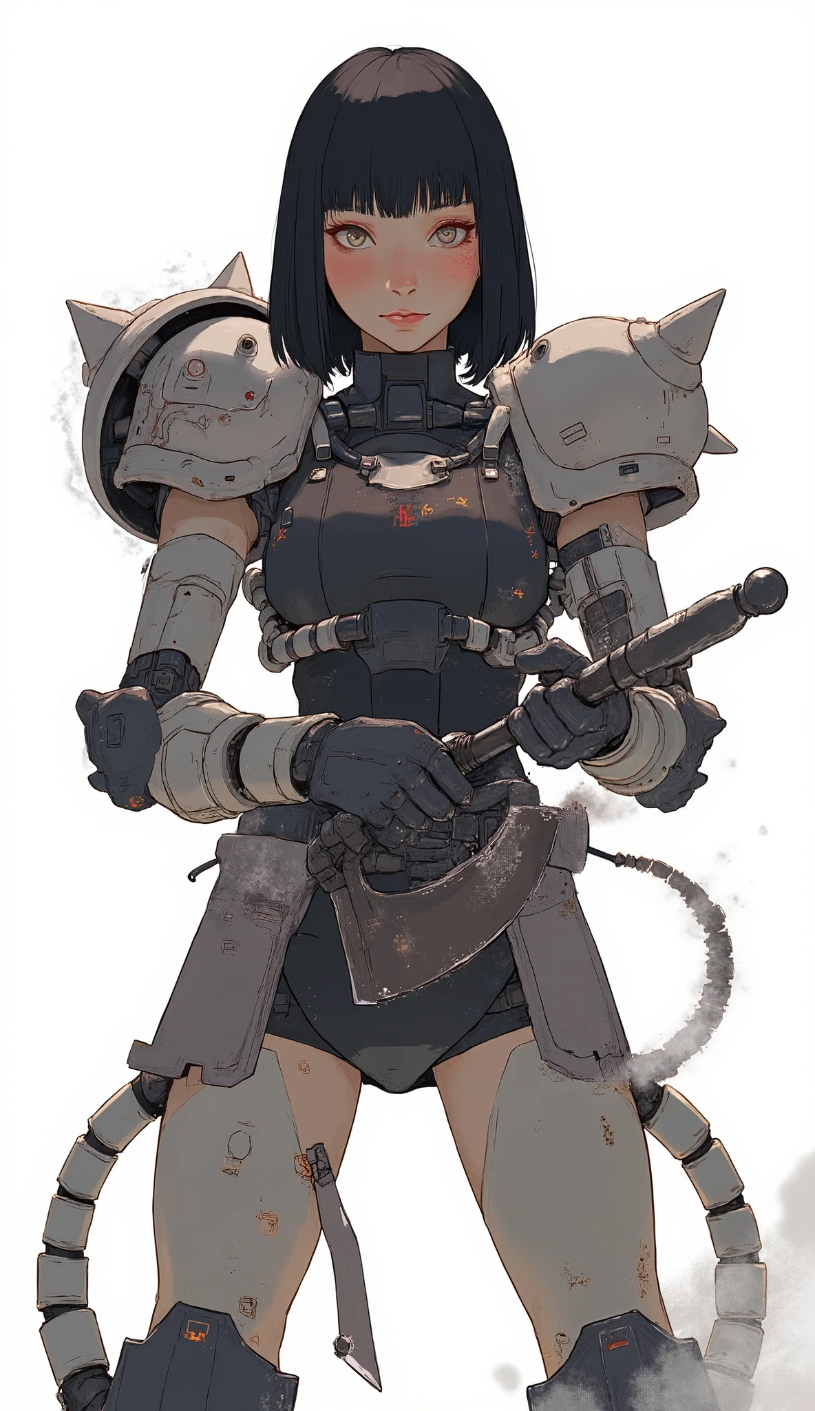 Woman wearing zaku armor, front、Zaku、Hold up a battle axe、standing confidently ,shining scale-like skin, Zaku, Female Mecha, Gundam style,Japanese anime、dark haired、full bangs、popular hair、BIG BREASTS、zaku、simple white background