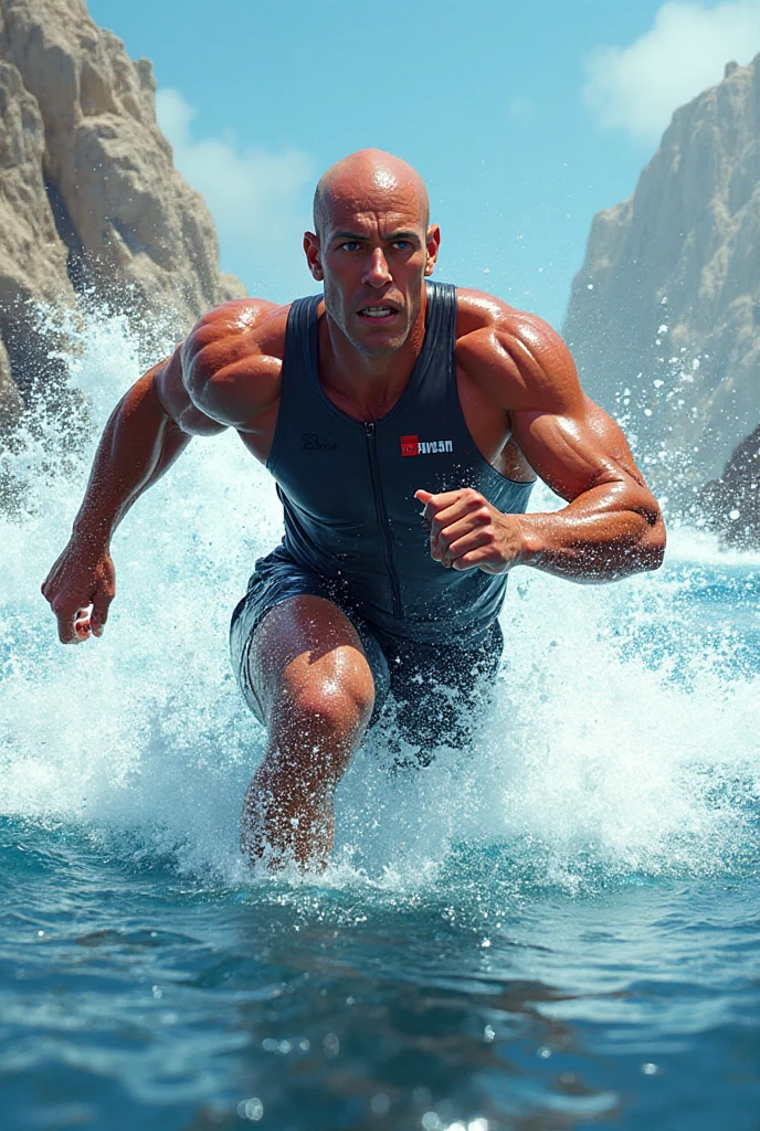 A muscular man wearing orange and white fitness clothing，Cool hairstyle，Beach，