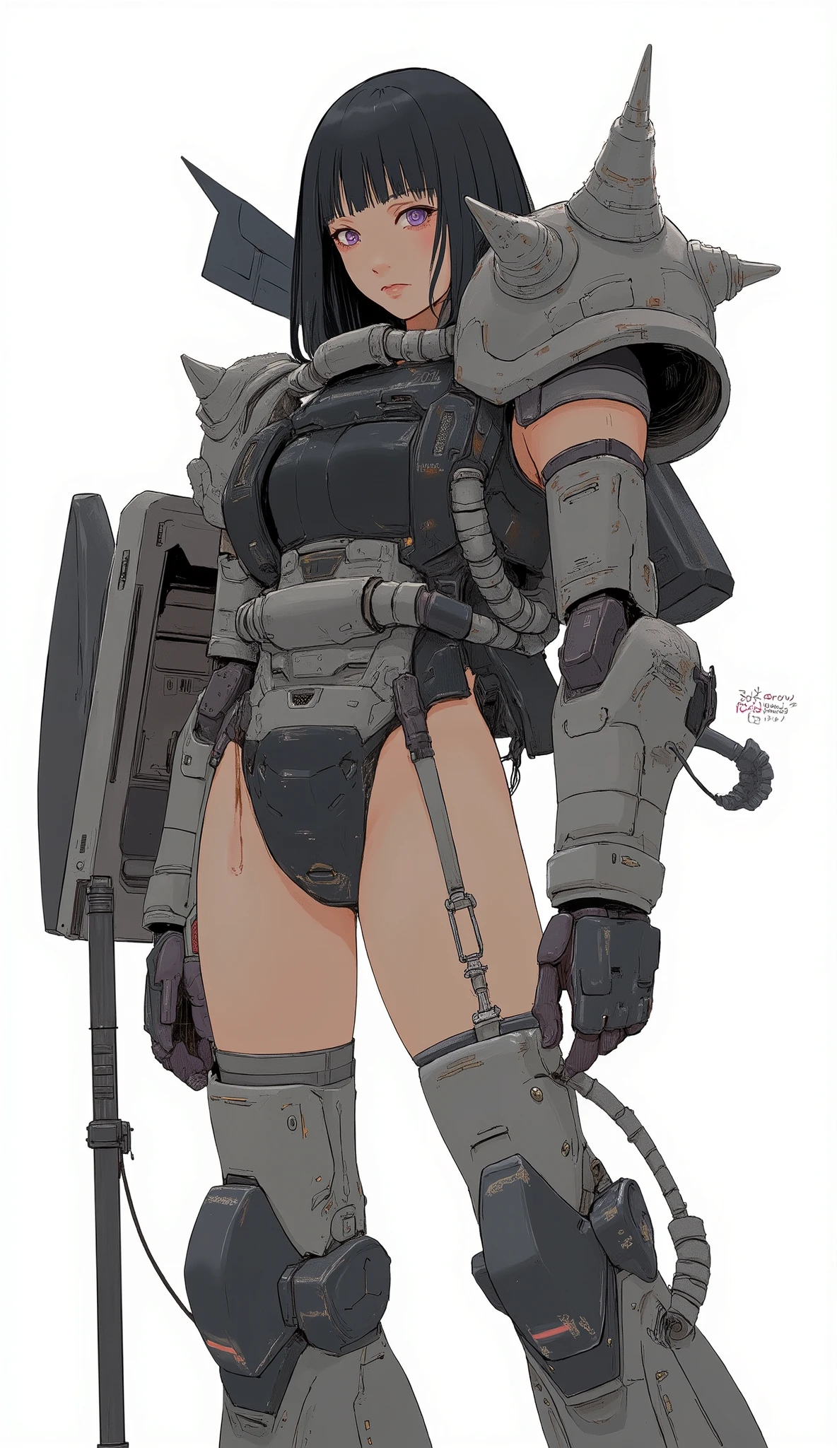 Woman wearing zaku armor, front、Zaku、bat、standing confidently ,shining scale-like skin, Zaku, Female Mecha, Gundam style,Japanese anime、dark haired、full bangs、popular hair、BIG BREASTS、zaku、simple white background