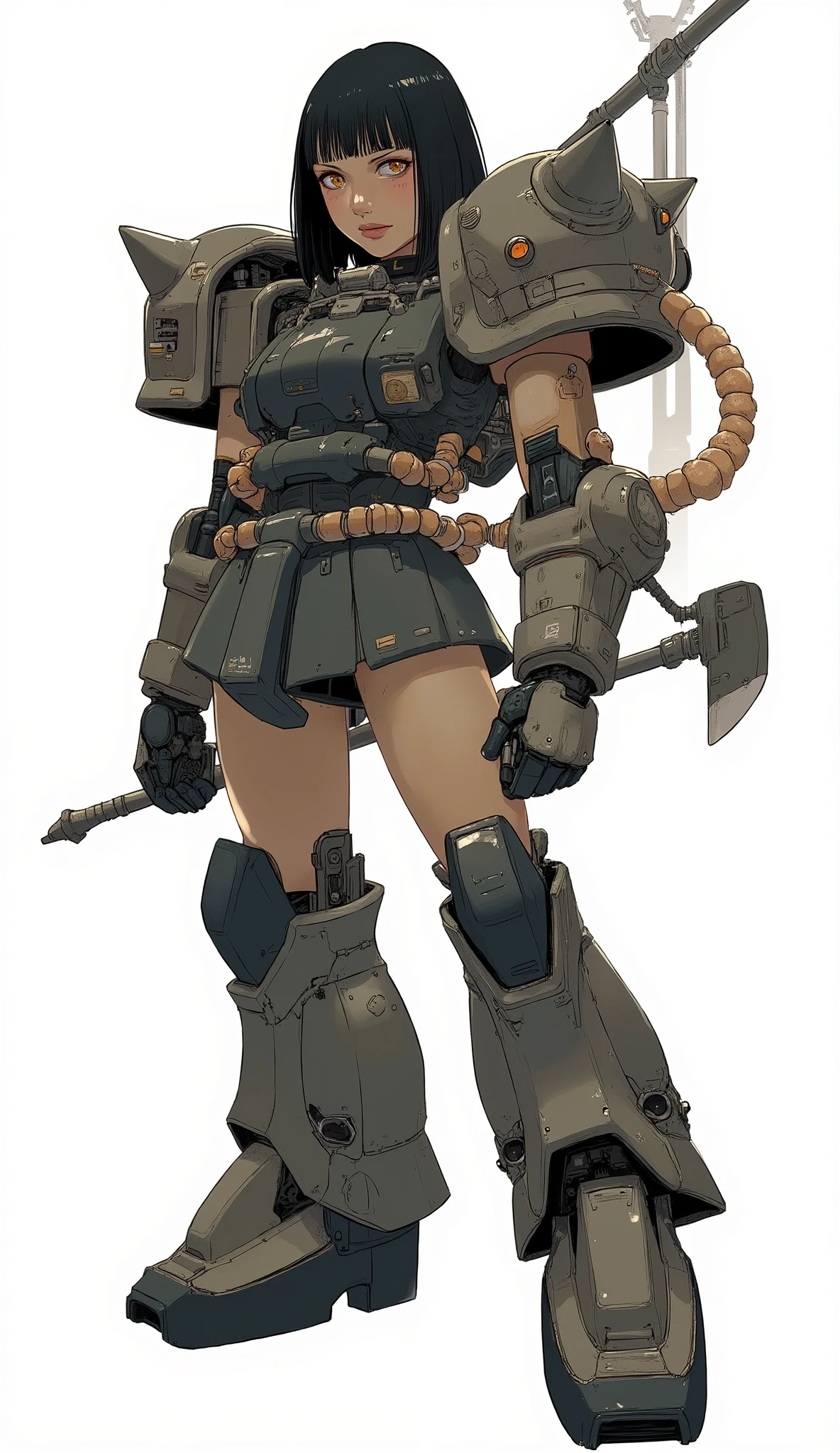 Woman wearing zaku armor, front、Zaku、bat、standing confidently ,shining scale-like skin, Zaku, Female Mecha, Gundam style,Japanese anime、dark haired、full bangs、popular hair、BIG BREASTS、zaku、simple white background