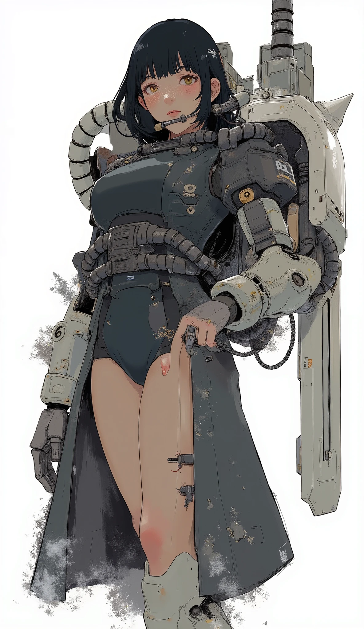 Woman wearing zaku armor, front、Zaku、karate poses、standing confidently ,shining scale-like skin, Zaku, Female Mecha, Gundam style,Japanese anime、dark haired、full bangs、popular hair、BIG BREASTS、zaku、simple white background